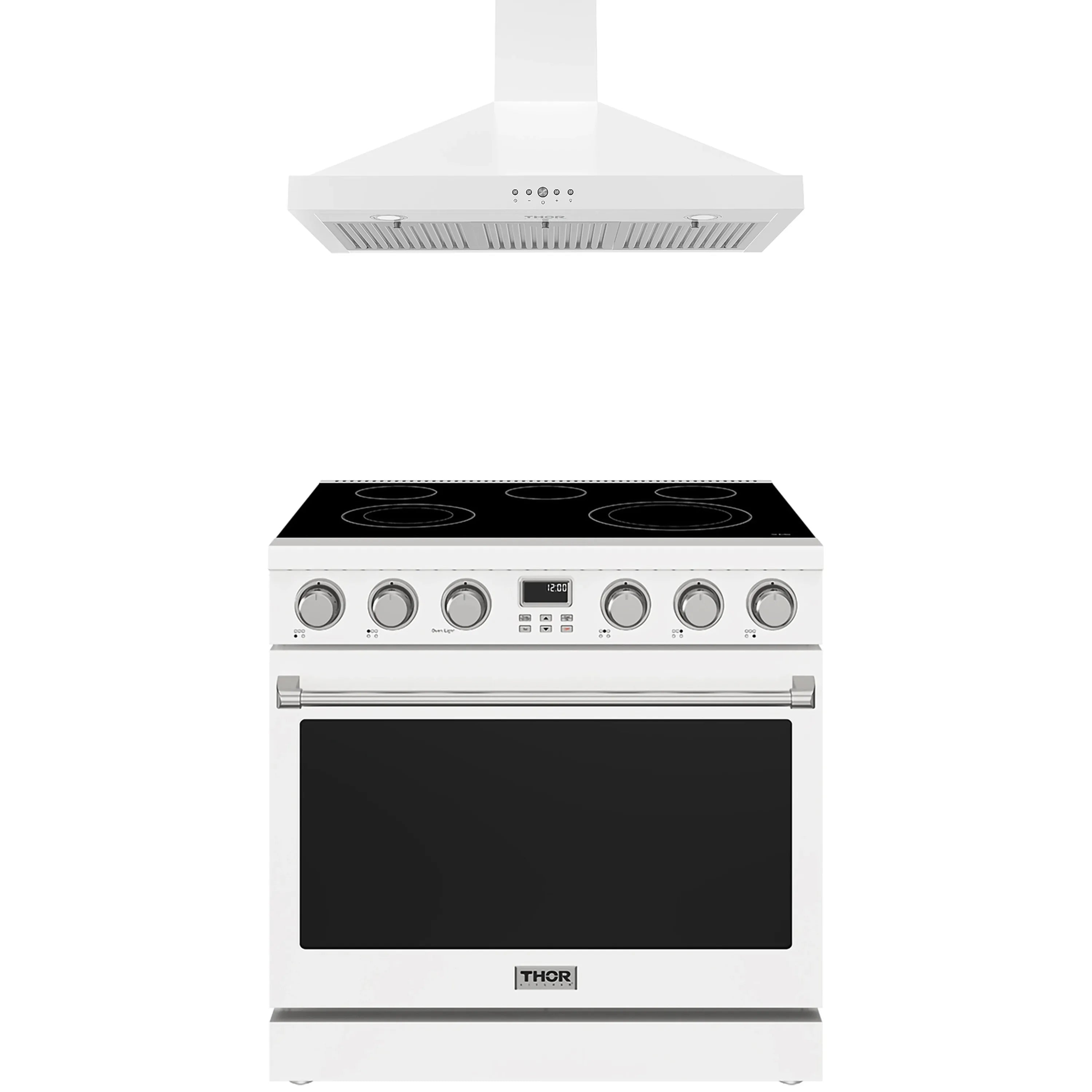 White Thor electric range with black glass cooktop and wall hood above