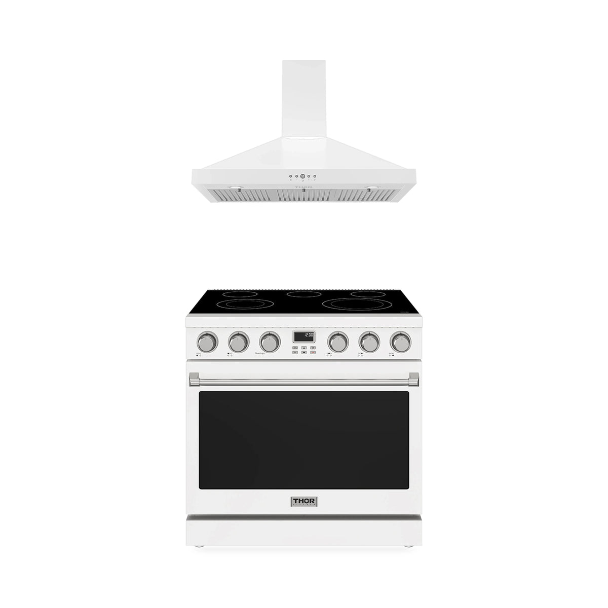 Thor Kitchen 2-Piece Appliance Package - 36-Inch Electric Range & Wall Mount Hood in White