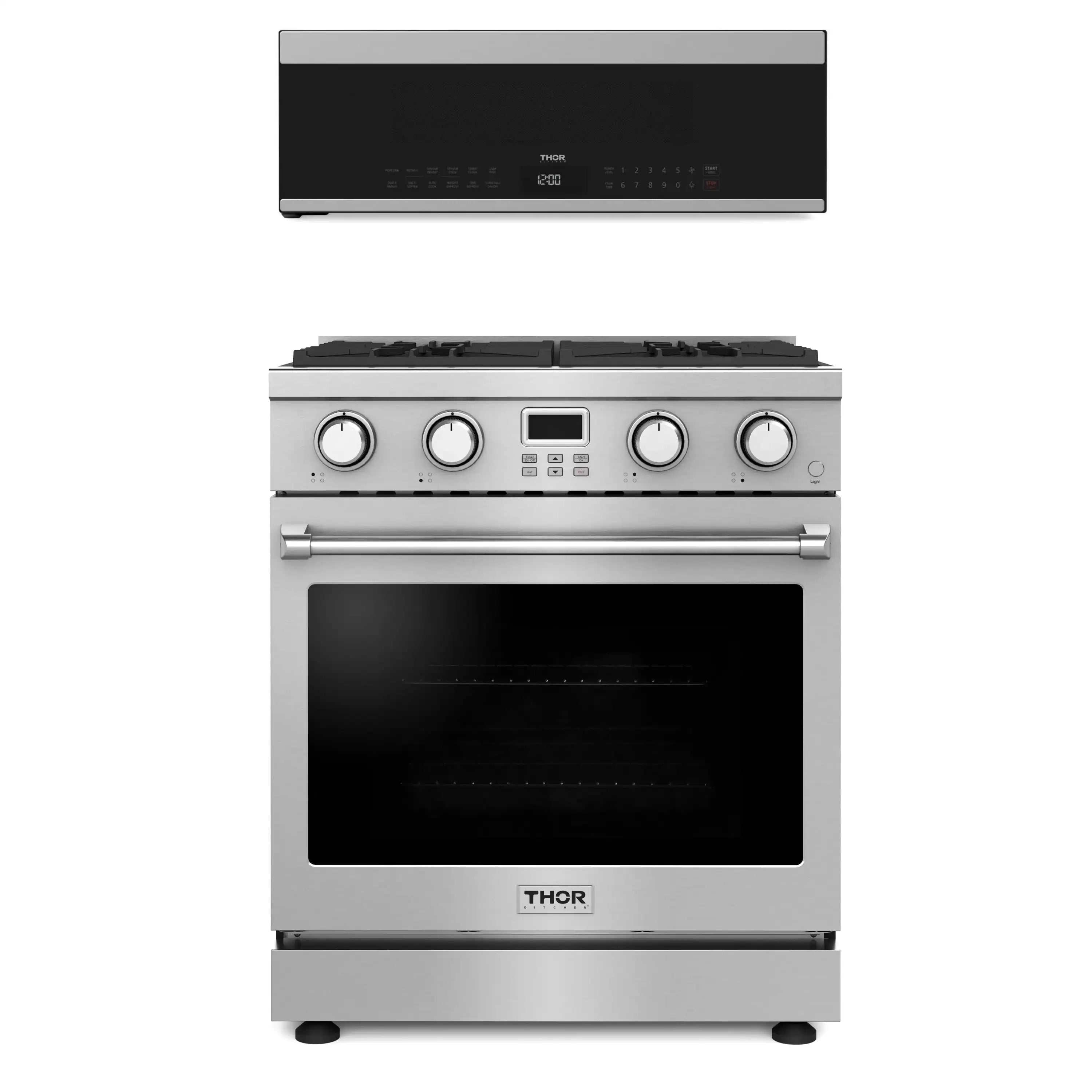 Stainless steel gas range with over-the-range microwave vent hood