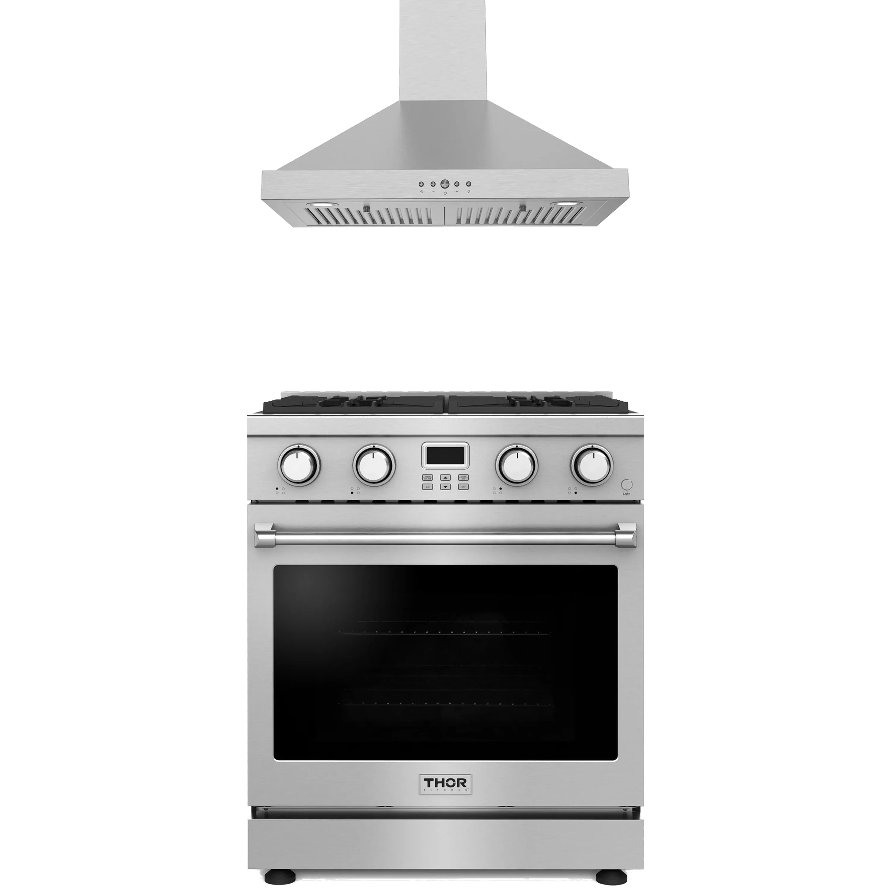 Stainless steel wall-mount range hood and gas range front panel with control knobs