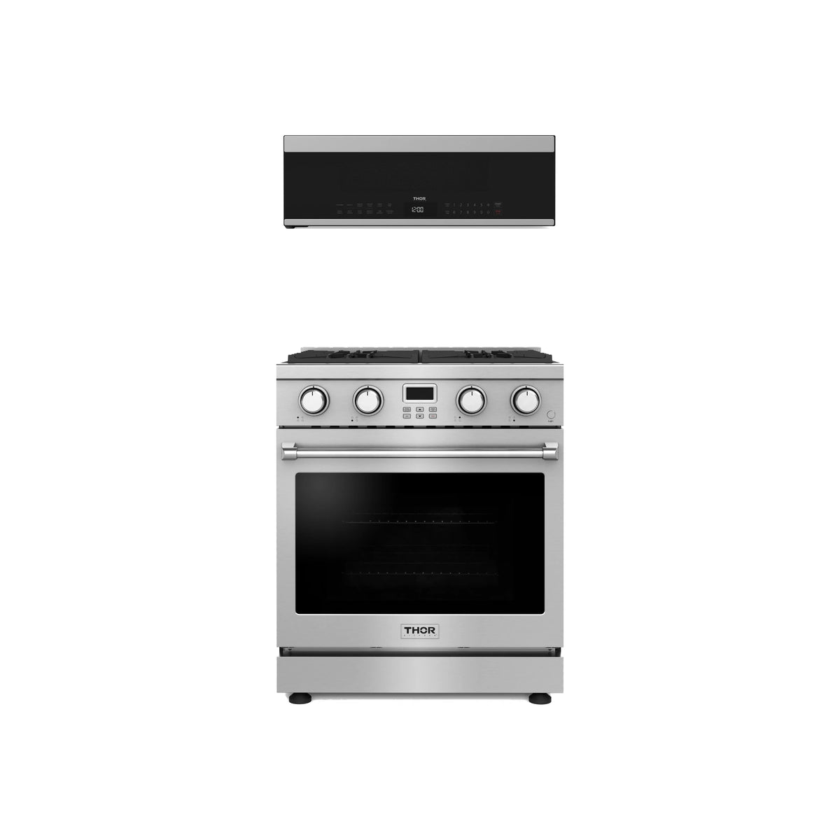 Thor Kitchen 2-Piece Appliance Package - 30-Inch Propane Gas Range & Over-the-Range Microwave in Stainless Steel