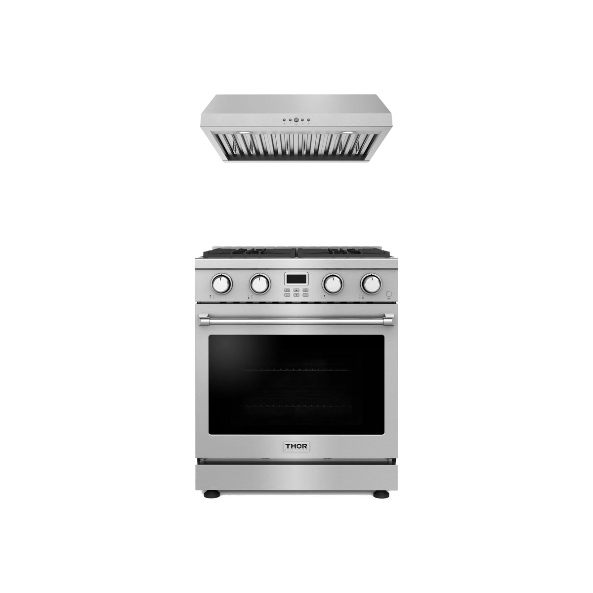 Thor Kitchen 2-Piece Appliance Package - 30-Inch Propane Gas Range & Under Cabinet Hood in Stainless Steel