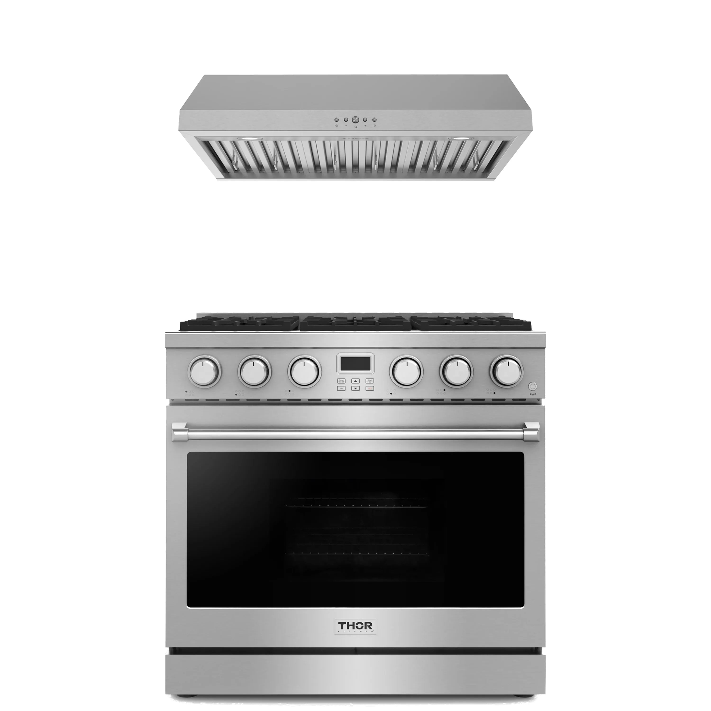 Stainless steel under-cabinet range hood with vent grille and control buttons