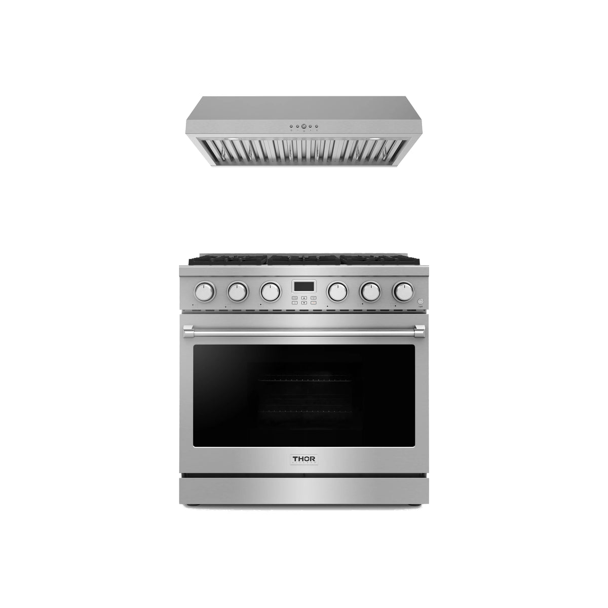 Thor Kitchen 2-Piece Appliance Package - 36-Inch Natural Gas Range & Under Cabinet Hood in Stainless Steel