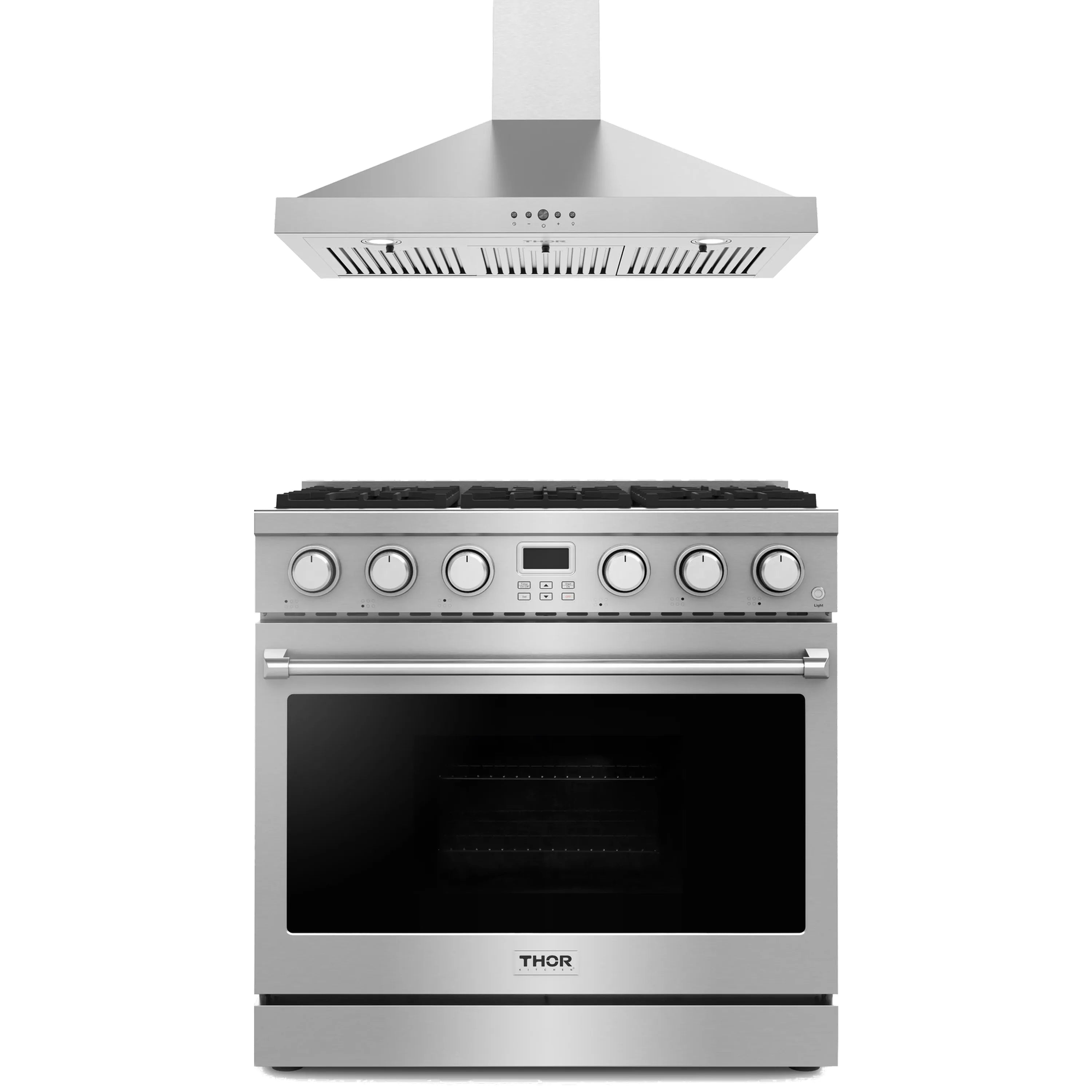 Stainless steel wall hood and gas range with black glass oven door