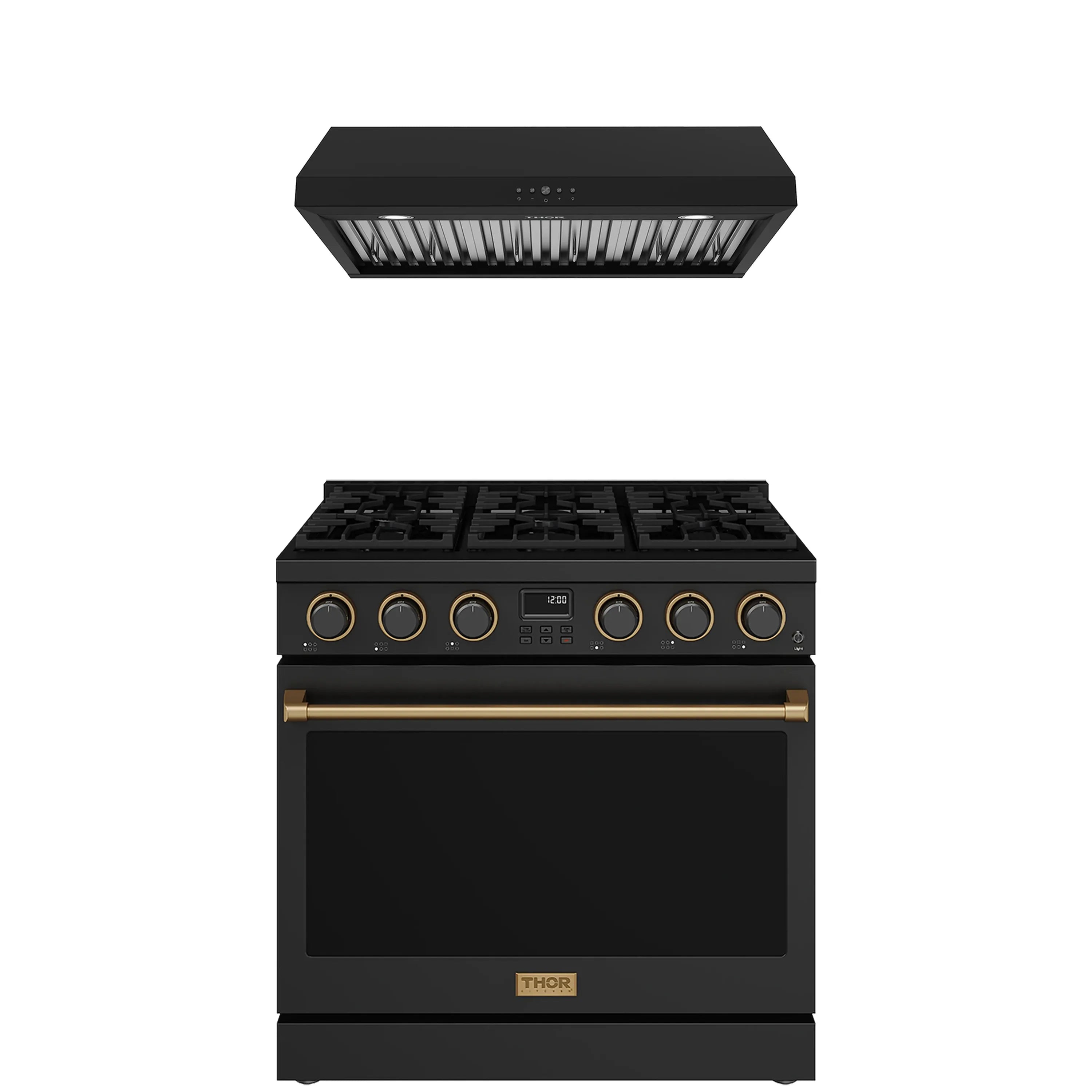 Black under-cabinet hood and black propane gas range with bronze control accents