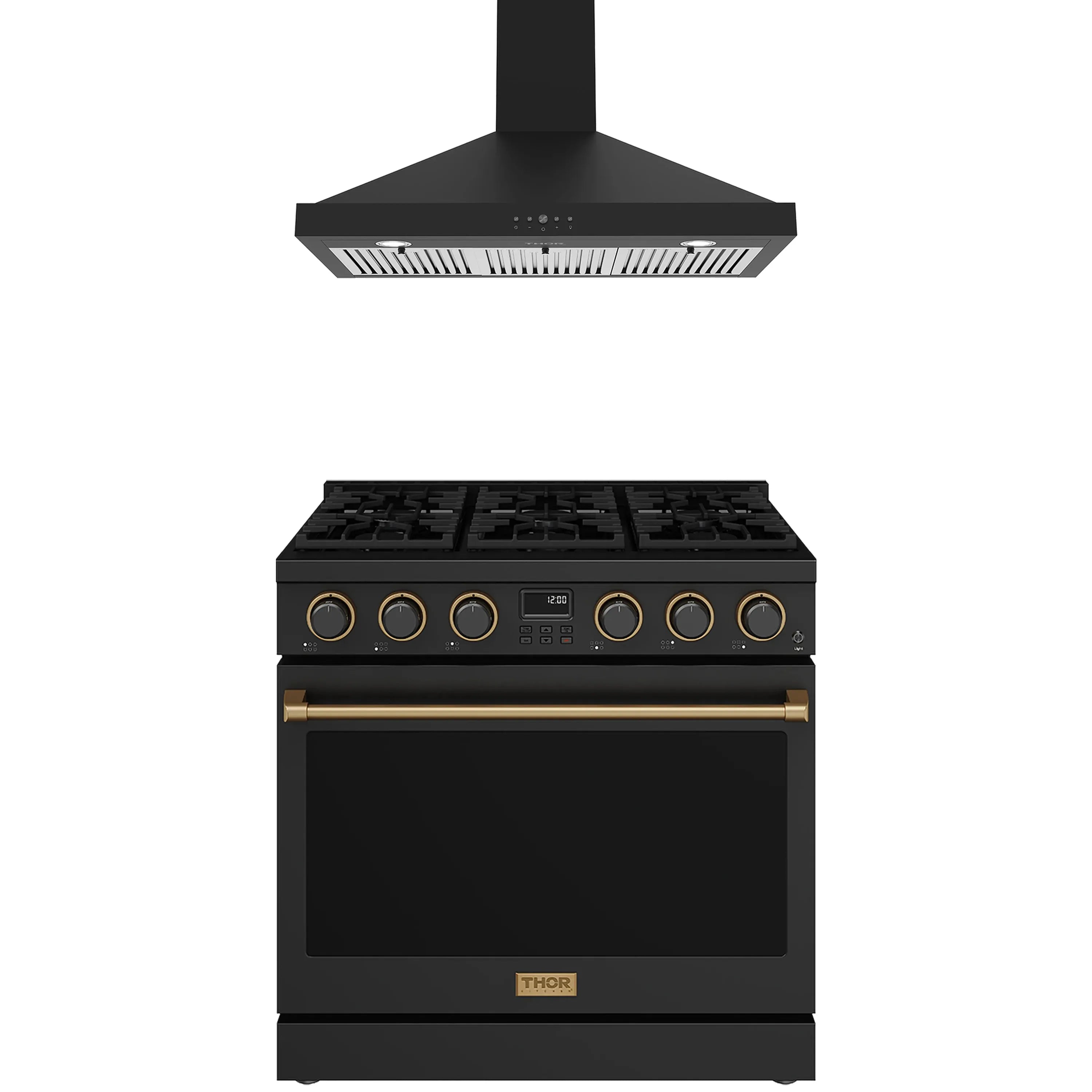 Black propane gas range with bronze-trim knobs and wall hood above