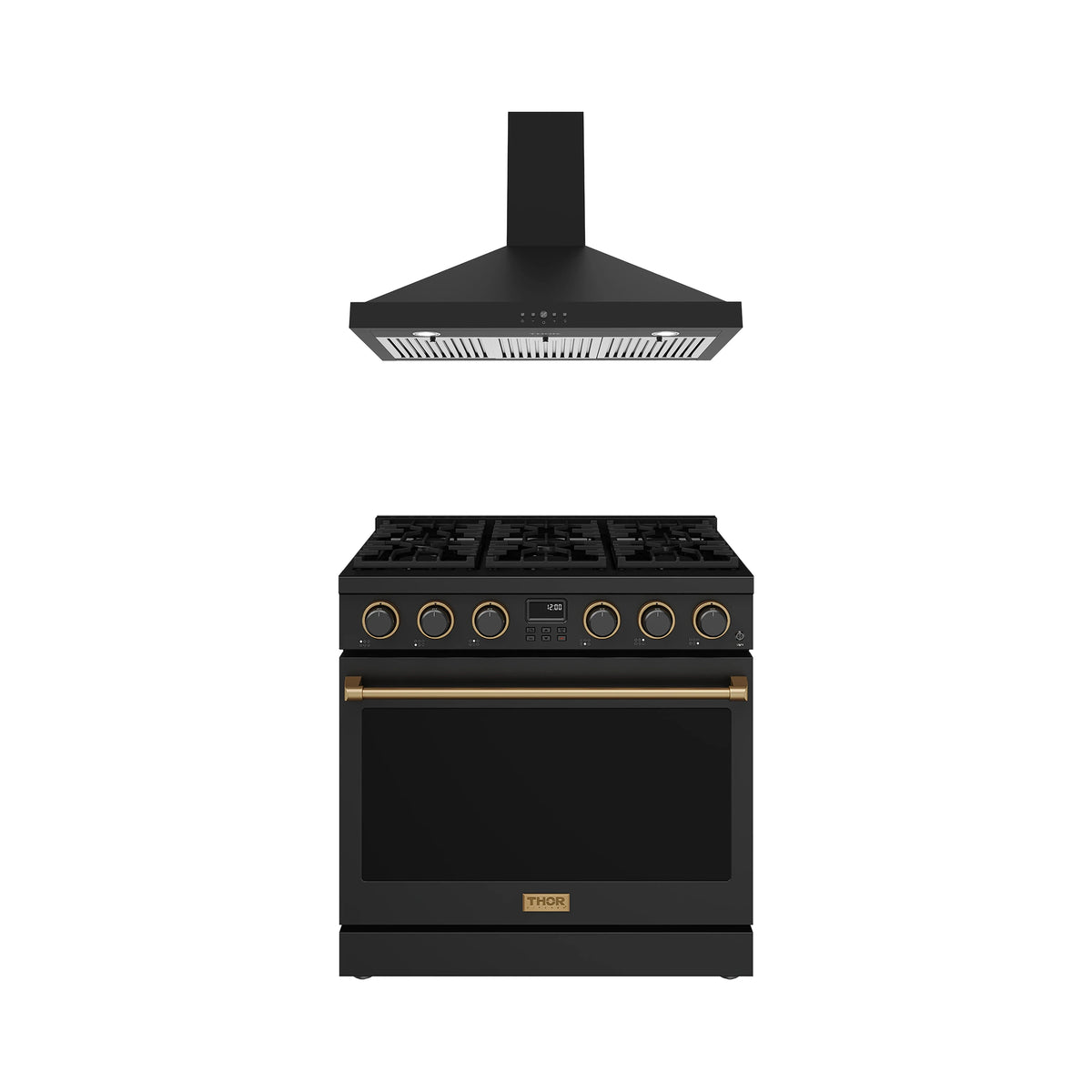 Thor Kitchen 2-Piece Appliance Package - 36-Inch Natural Gas Range & Wall Mount Hood in Black with Bronze Trim
