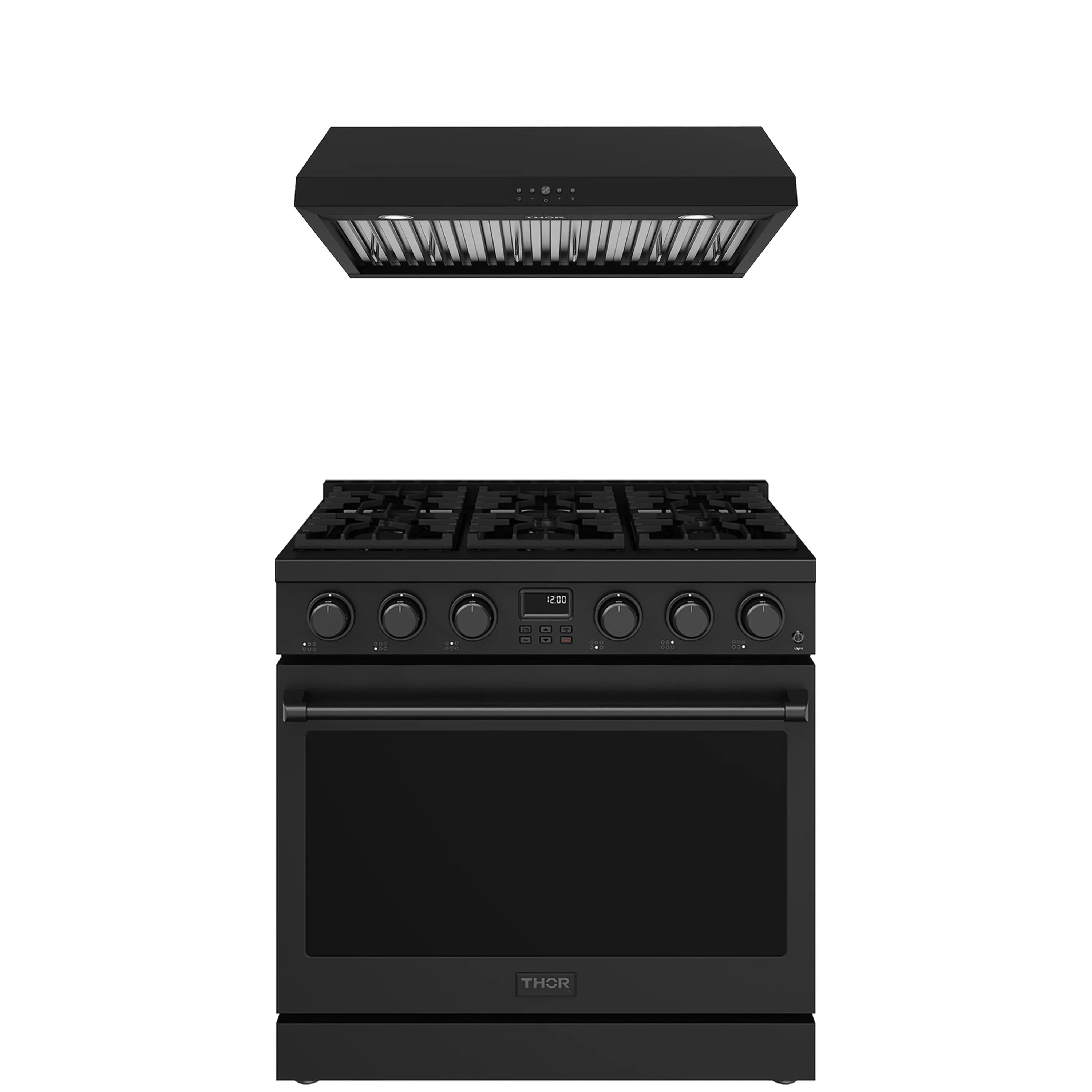 Black under-cabinet range hood with black 36-inch gas range, doors closed
