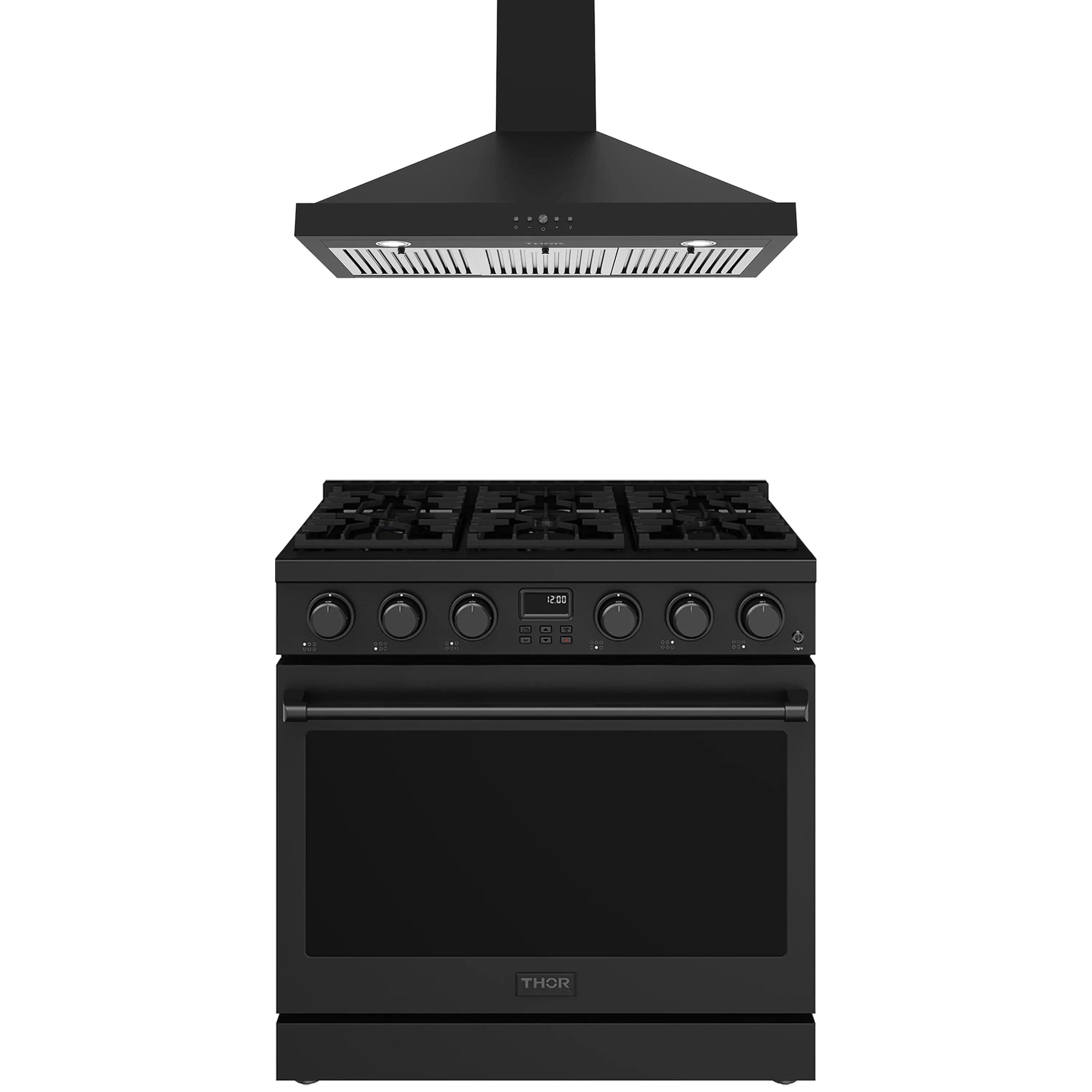 Black 36-inch propane gas range with wall-mount hood, front view