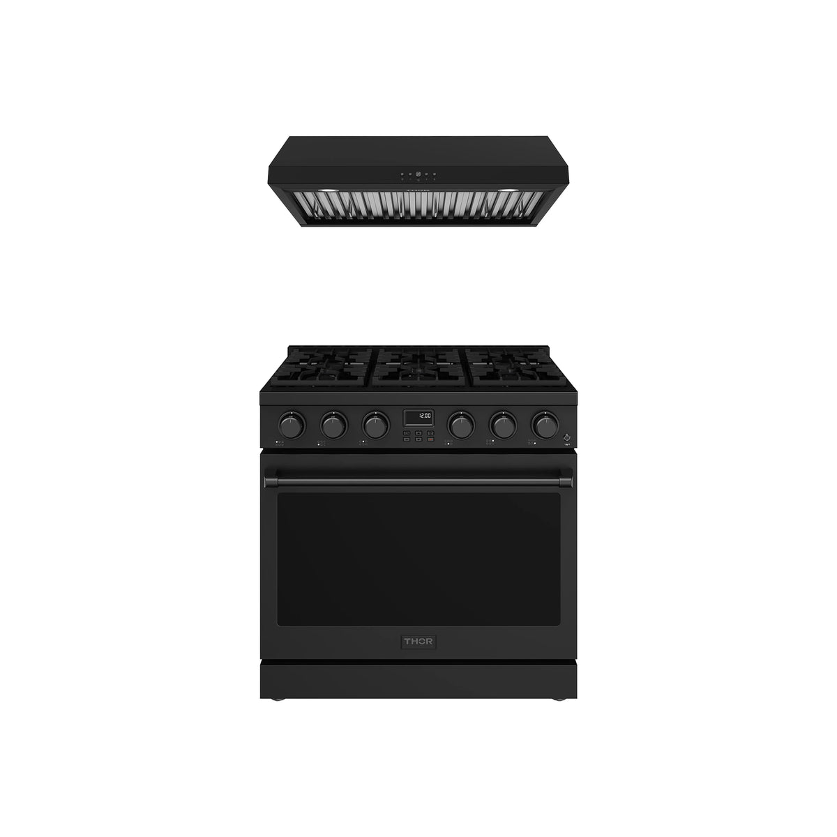 Thor Kitchen 2-Piece Appliance Package - 36-Inch Propane Gas Range & Under Cabinet Hood in Black