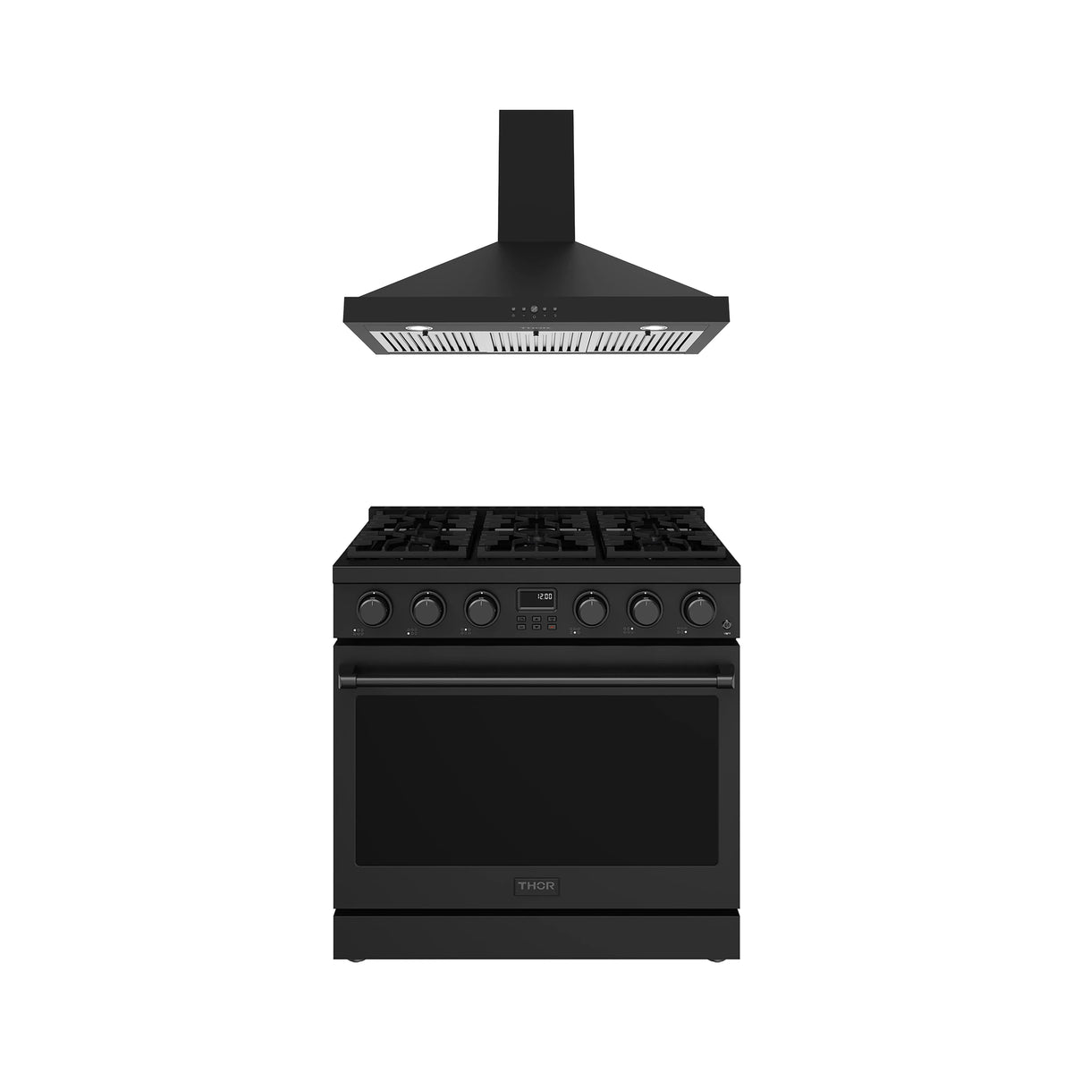 Thor Kitchen 2-Piece Appliance Package - 36-Inch Propane Gas Range & Wall Mount Hood in Black