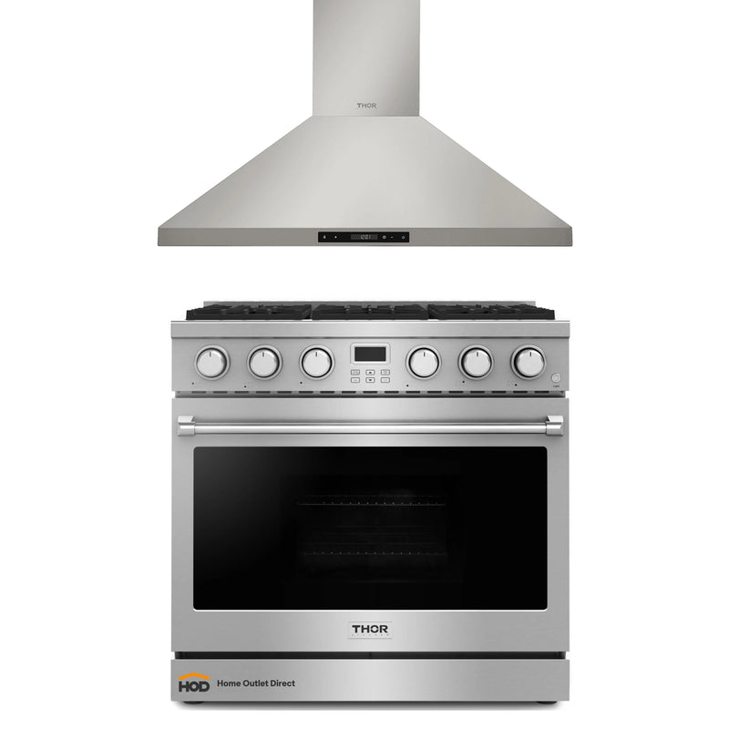 Thor Kitchen A-Series 2-Piece Appliance Package - 36-Inch Gas Range and Wall Mount Range Hood in Stainless Steel