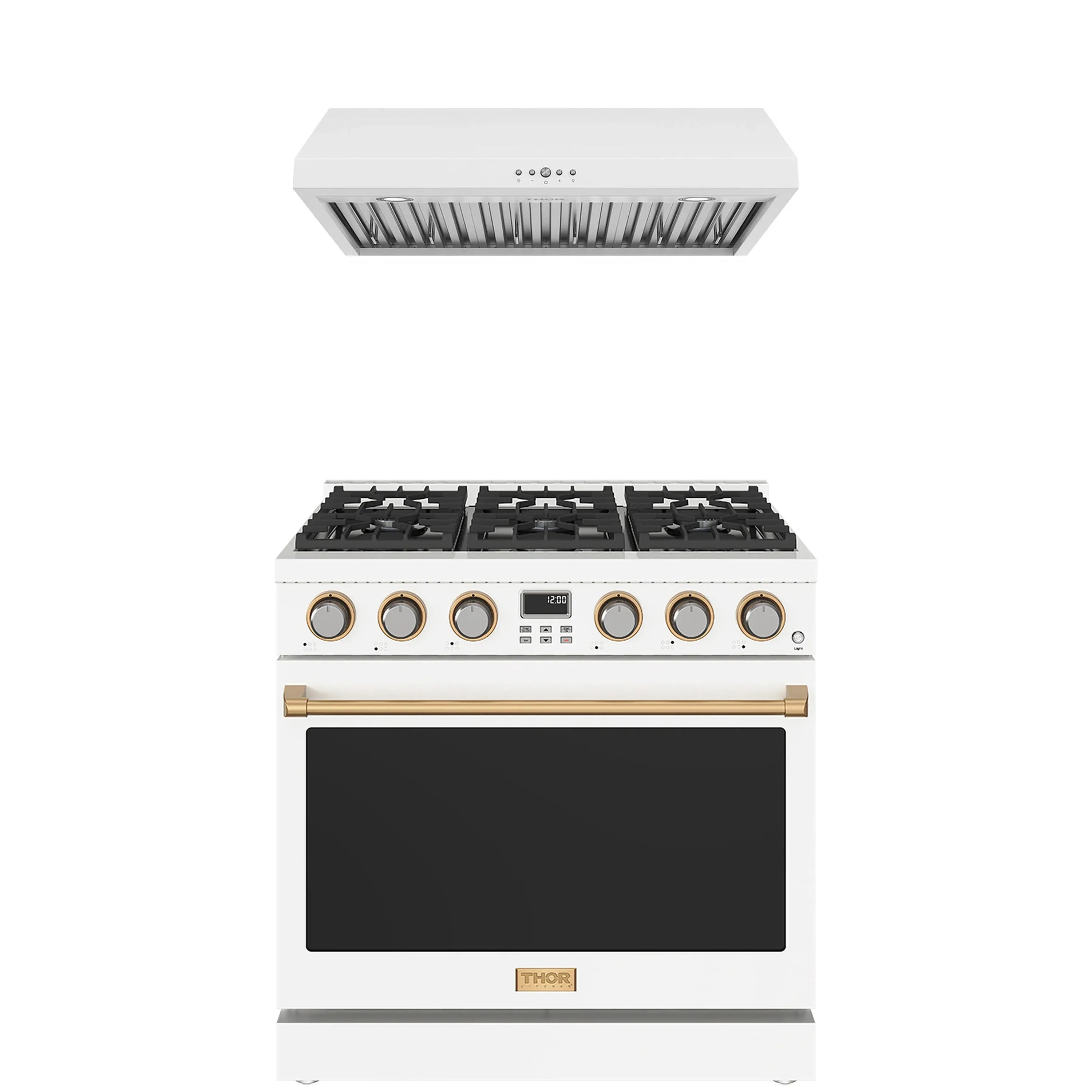 White gas range with bronze trim; includes black grates and oven with glass door