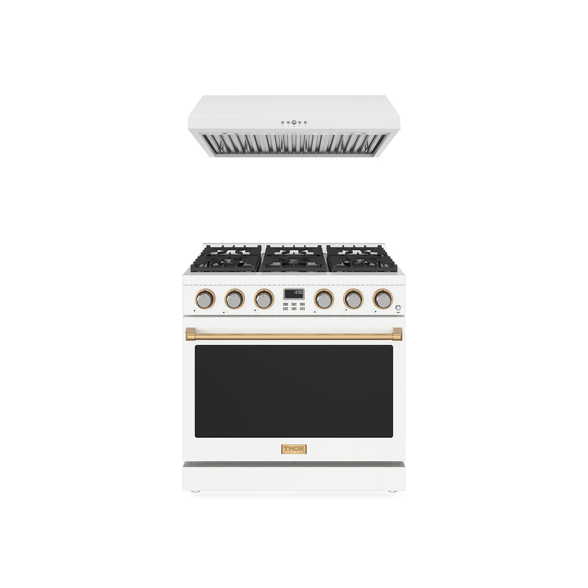 Thor Kitchen 2-Piece Appliance Package - 36-Inch Natural Gas Range & Under Cabinet Hood in White with Bronze Trim