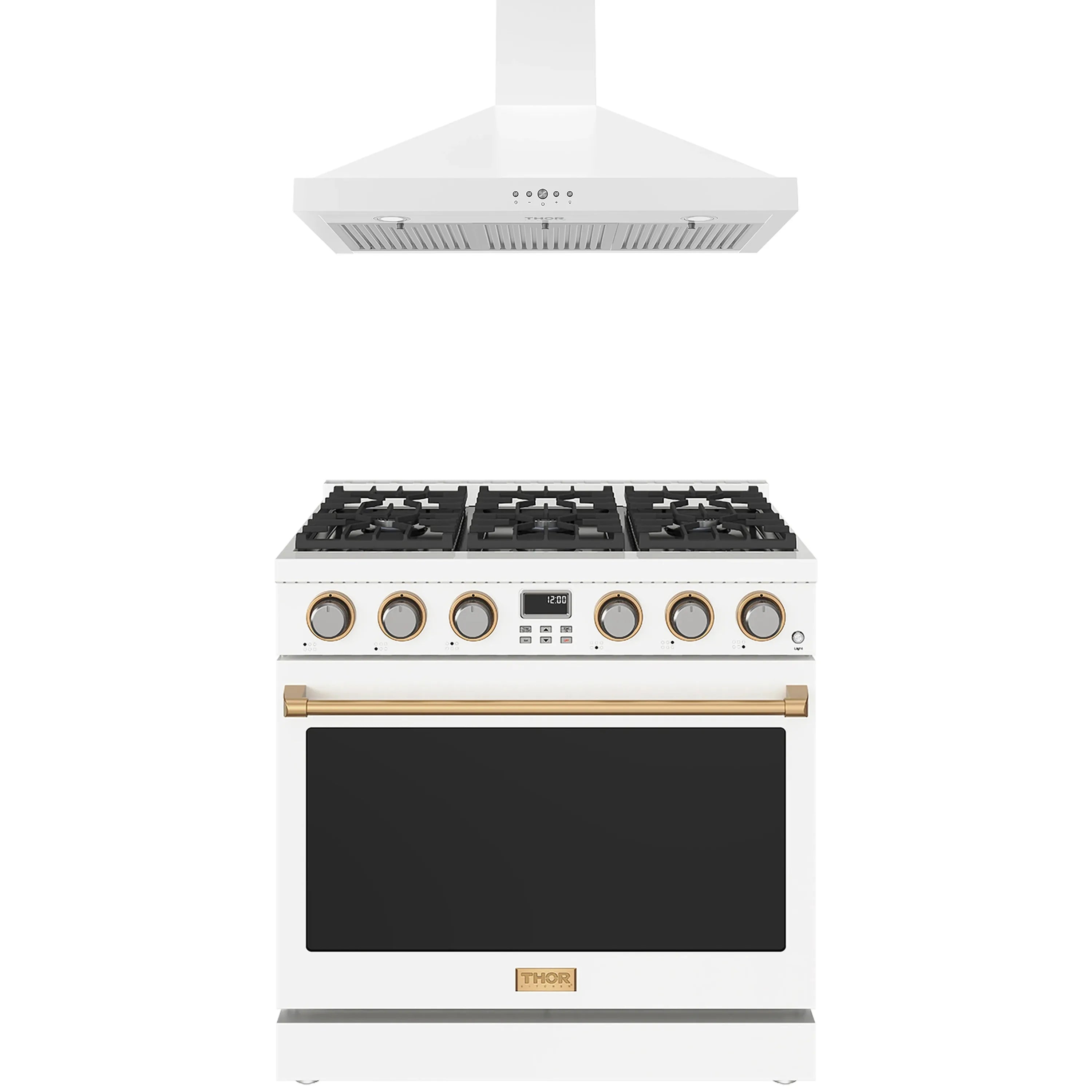 White gas range with black oven door and wall hood above, bronze-ring control knobs