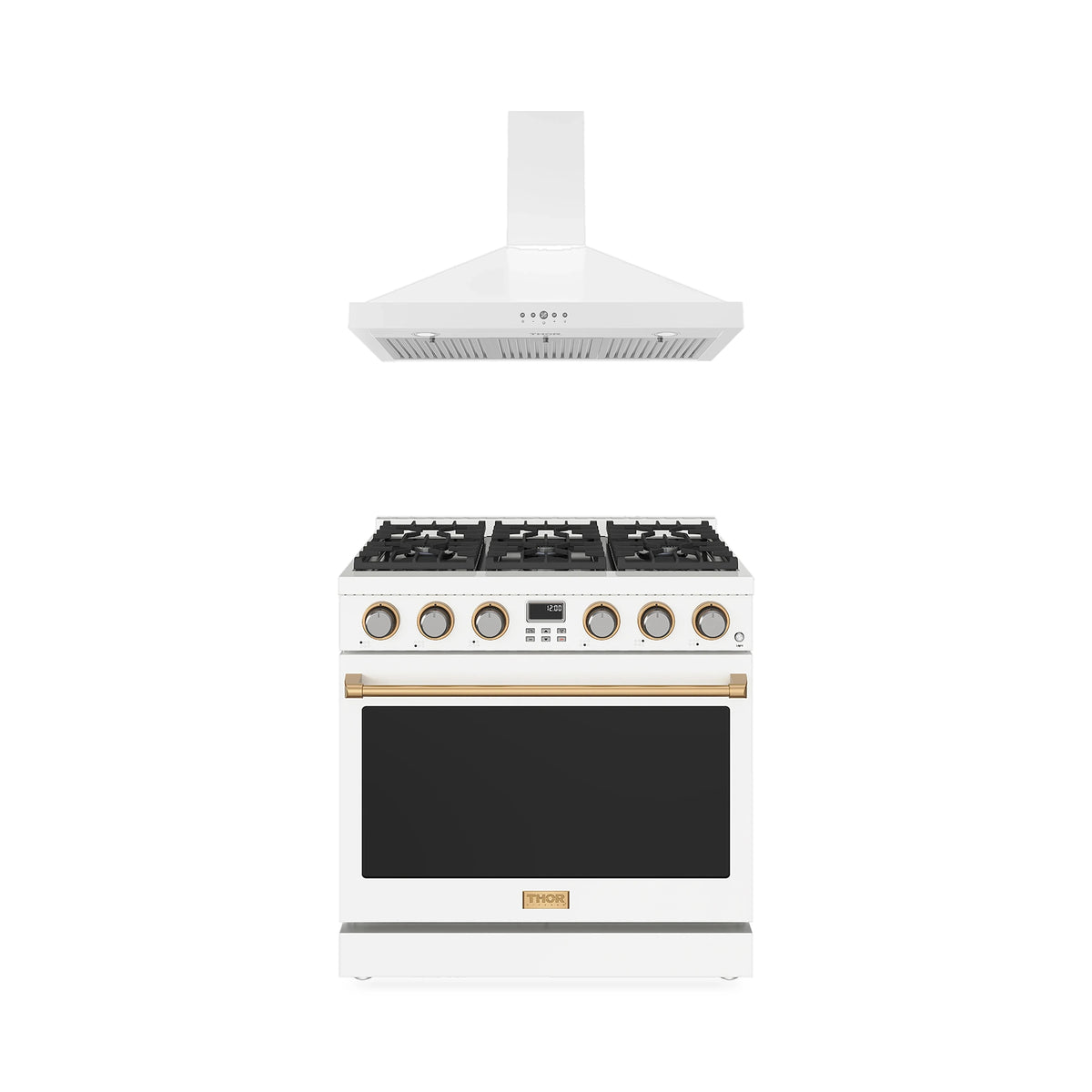 Thor Kitchen 2-Piece Appliance Package - 36-Inch Natural Gas Range & Wall Mount Hood in White with Bronze Trim