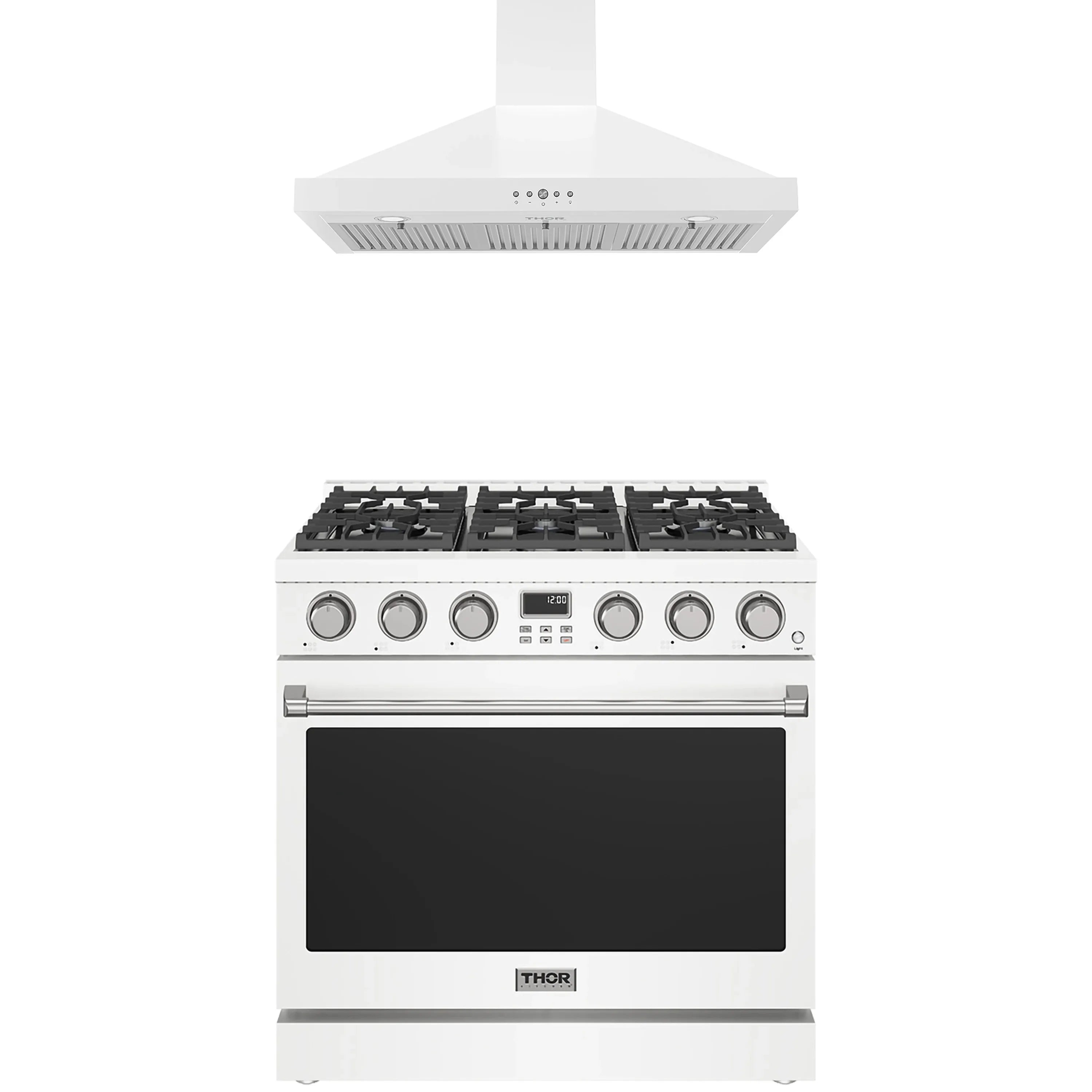 White wall-mount range hood and white 36-inch gas range with black glass oven door