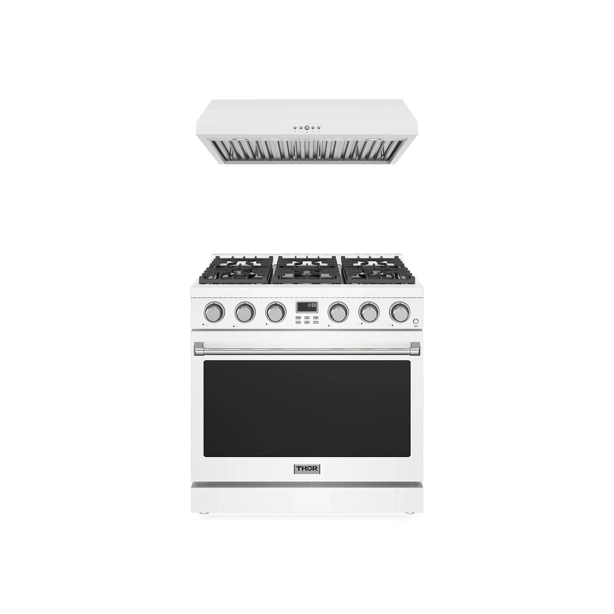 Thor Kitchen 2-Piece Appliance Package - 36-Inch Propane Gas Range & Under Cabinet Hood in White