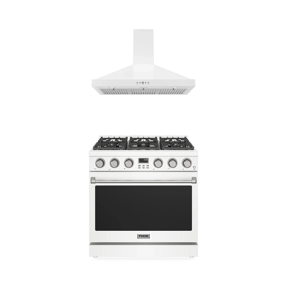 Thor Kitchen 2-Piece Appliance Package - 36-Inch Propane Gas Range & Wall Mount Hood in White