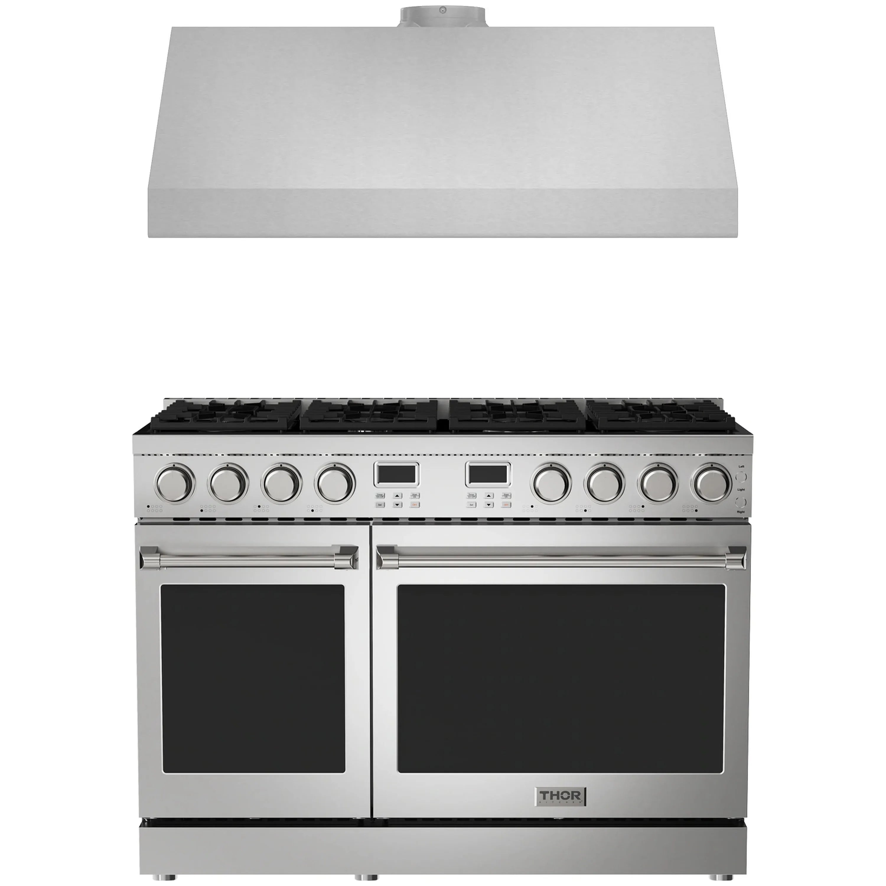 Stainless steel 48 in propane gas range with dual ovens and control panel