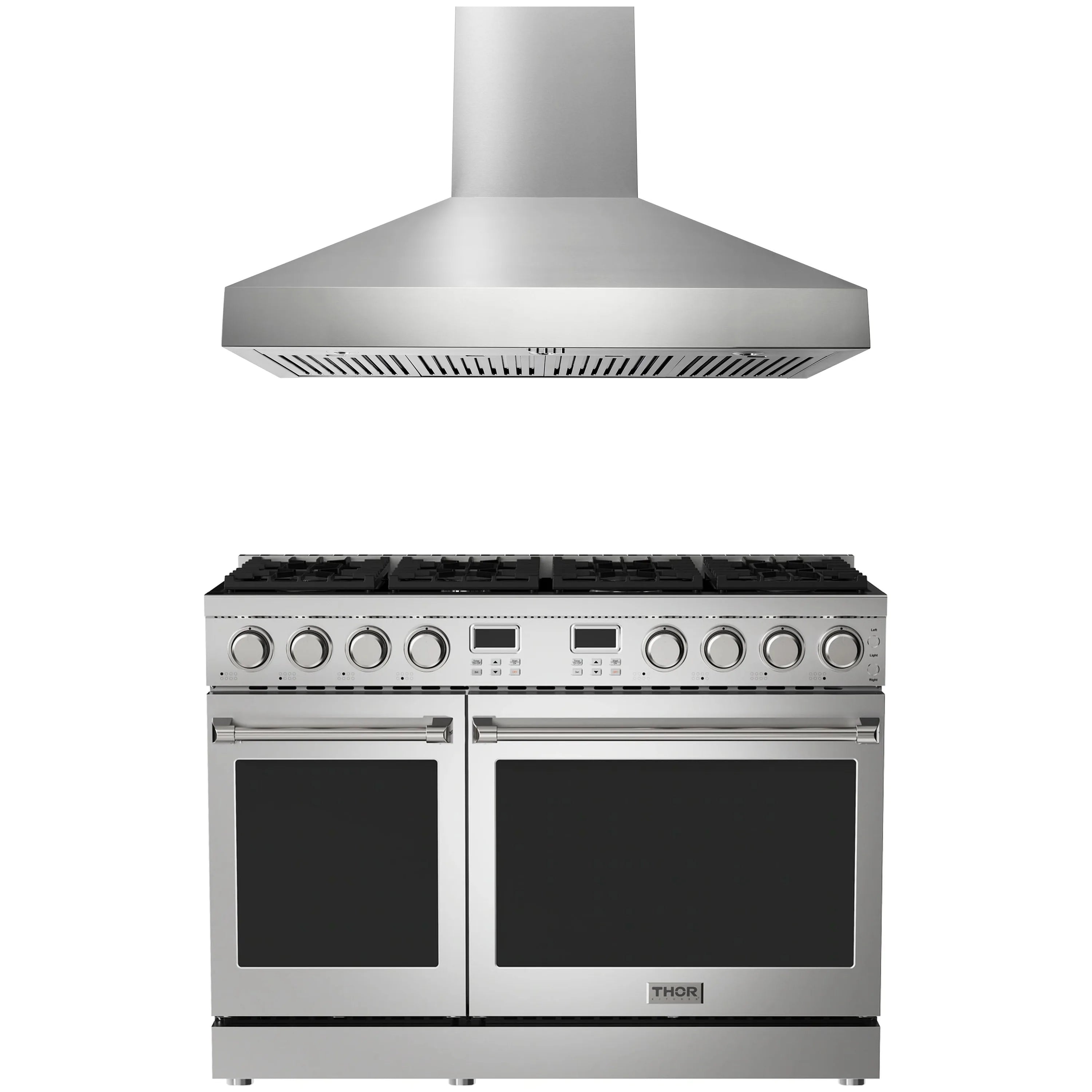 Stainless steel pro-style range hood and dual-door gas range with control panel