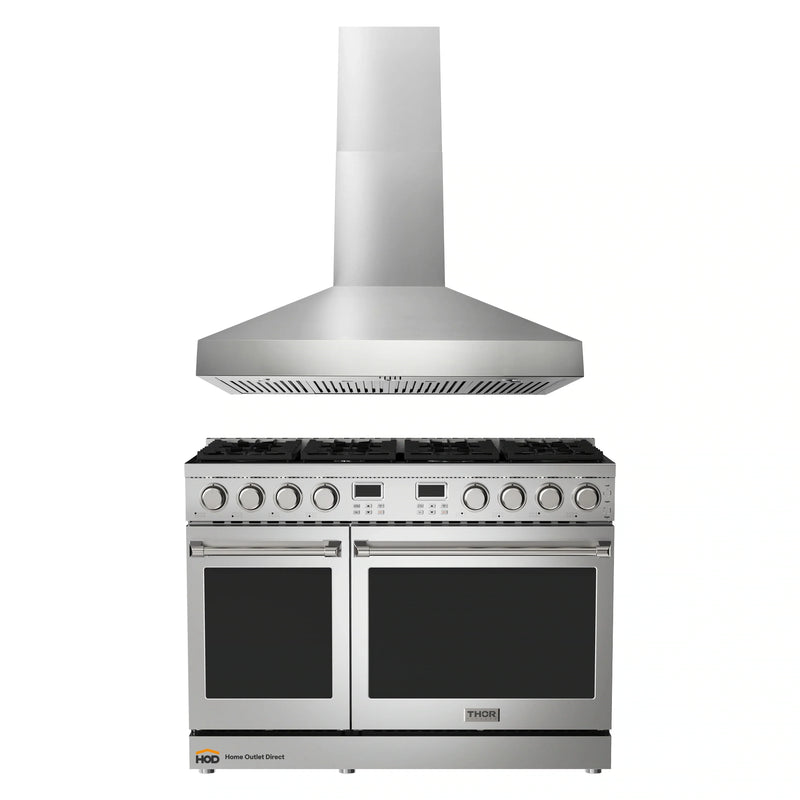 Thor Kitchen A-Series 2-Piece Appliance Package - 48-Inch Propane Gas Range  and Pro-Style Wall Mount Range Hood in Stainless Steel