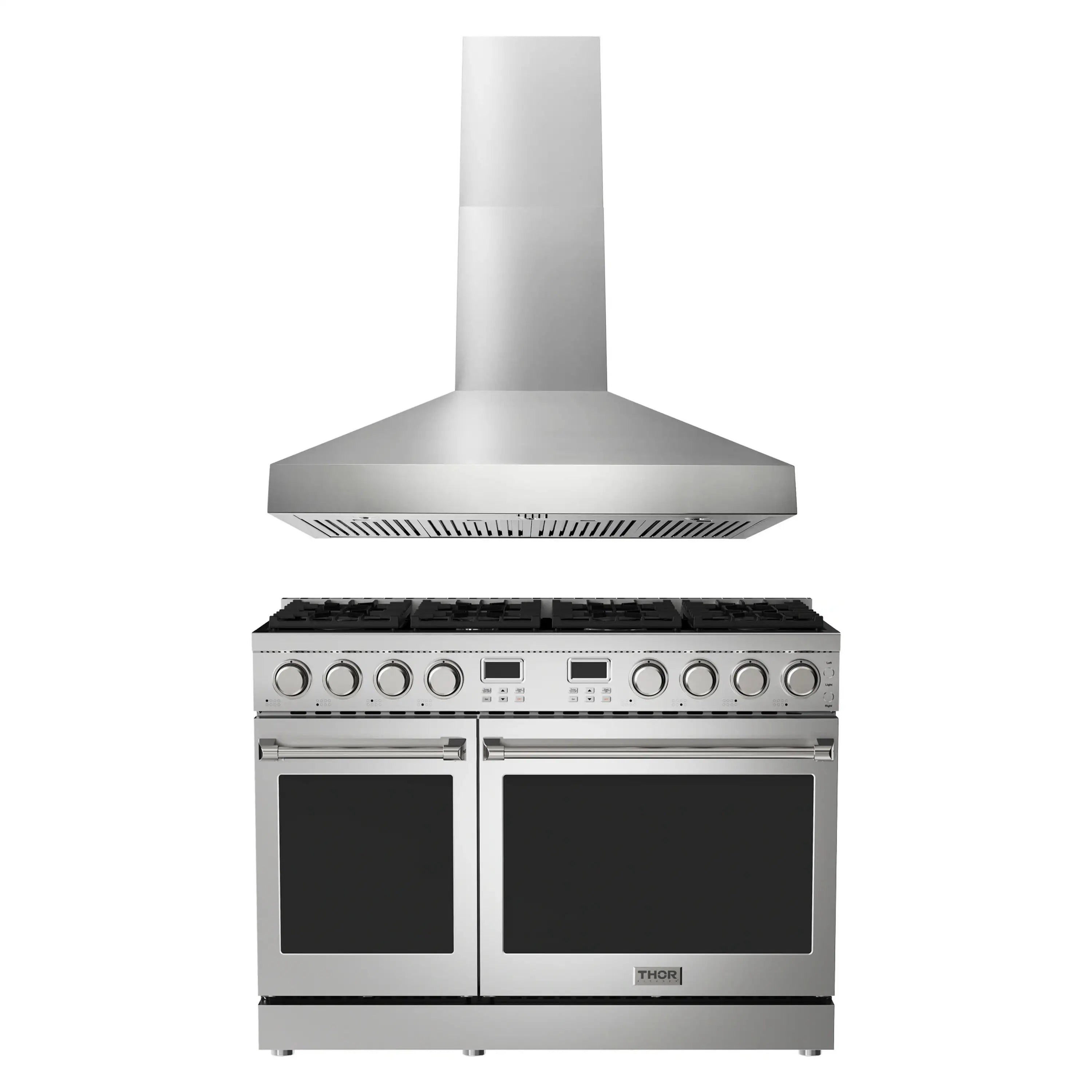 Stainless pro-style range hood and gas range with dual ovens and control panel