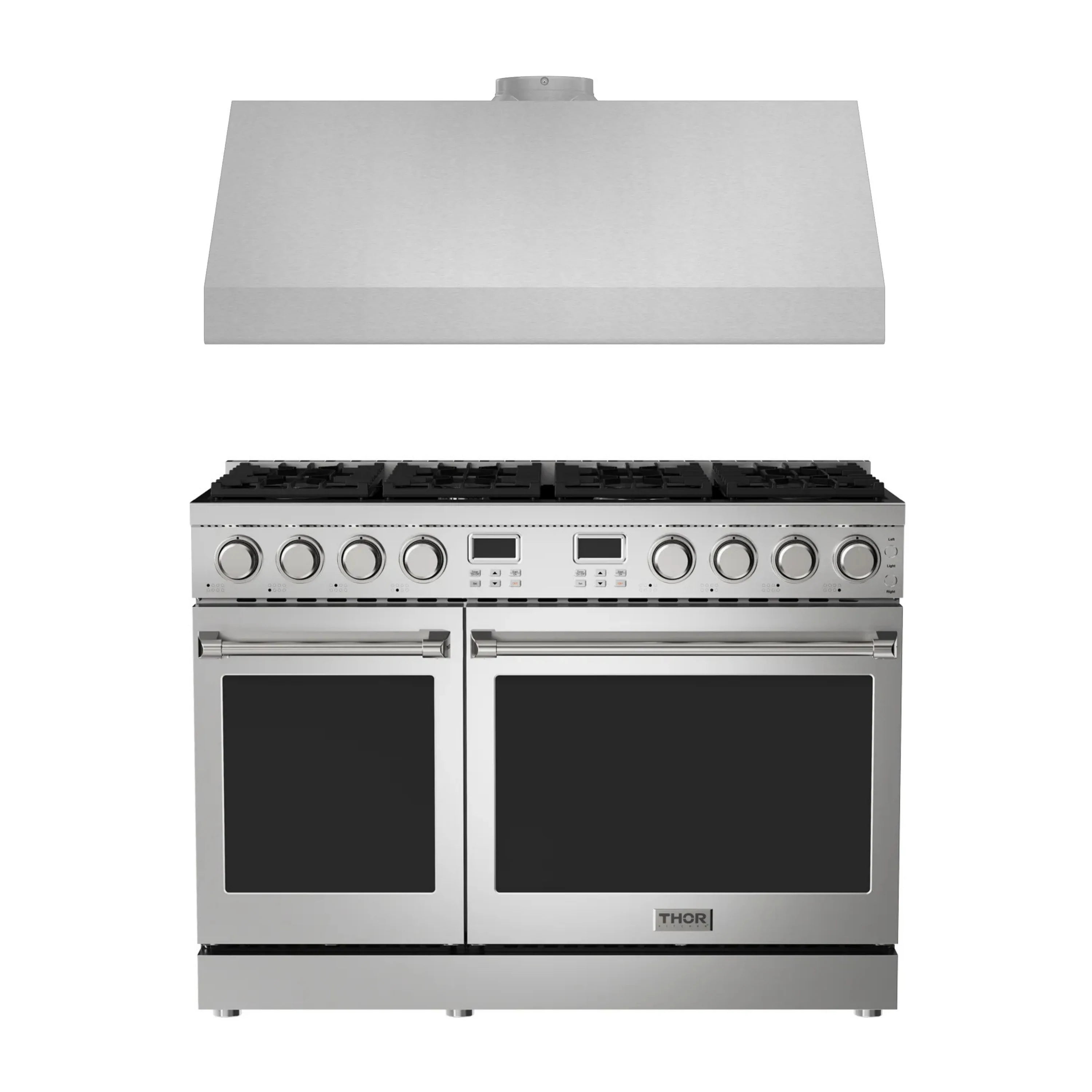 Stainless steel gas range with dual ovens, burner grates, and control knobs