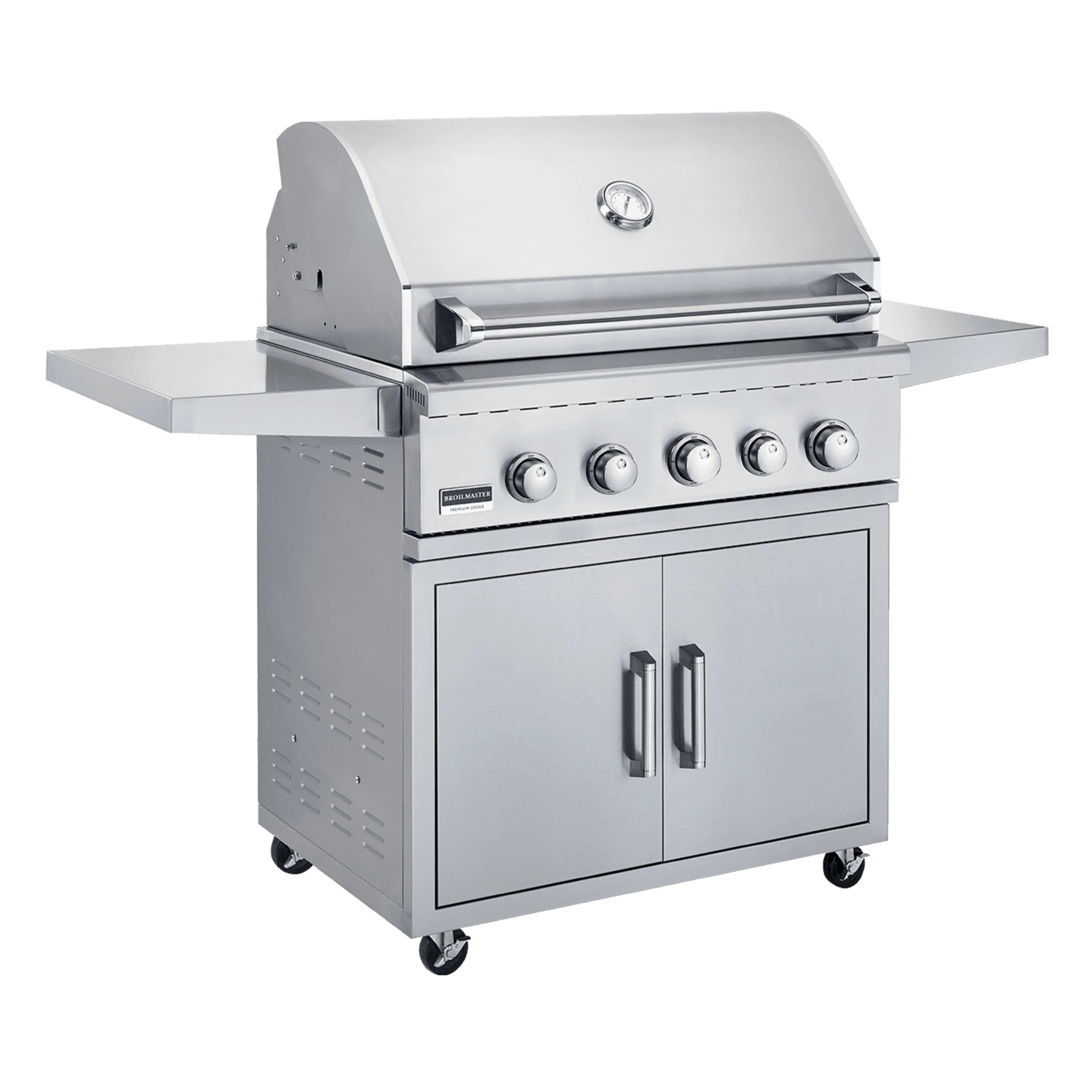 Stainless steel gas grill with open lid, side shelves, and control knobs
