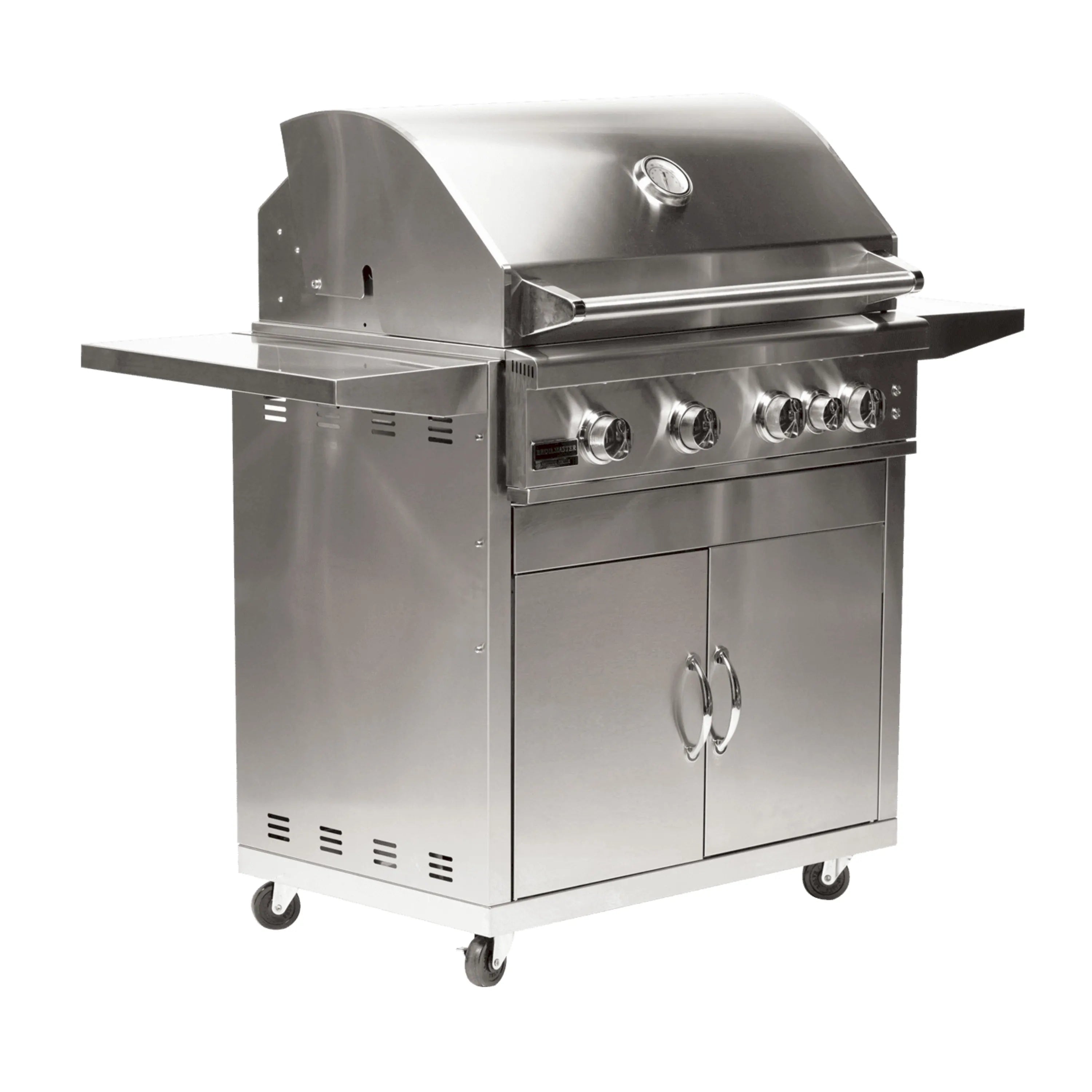 Stainless steel 4-burner natural gas grill on cart, side shelf and control knobs