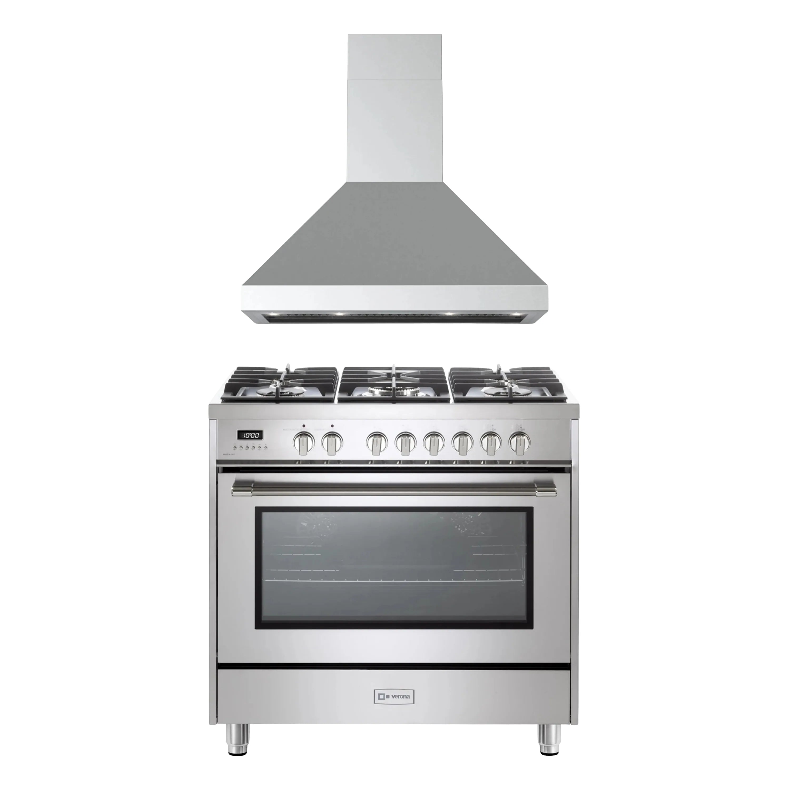 Stainless steel dual fuel range with wall-mounted hood and oven door