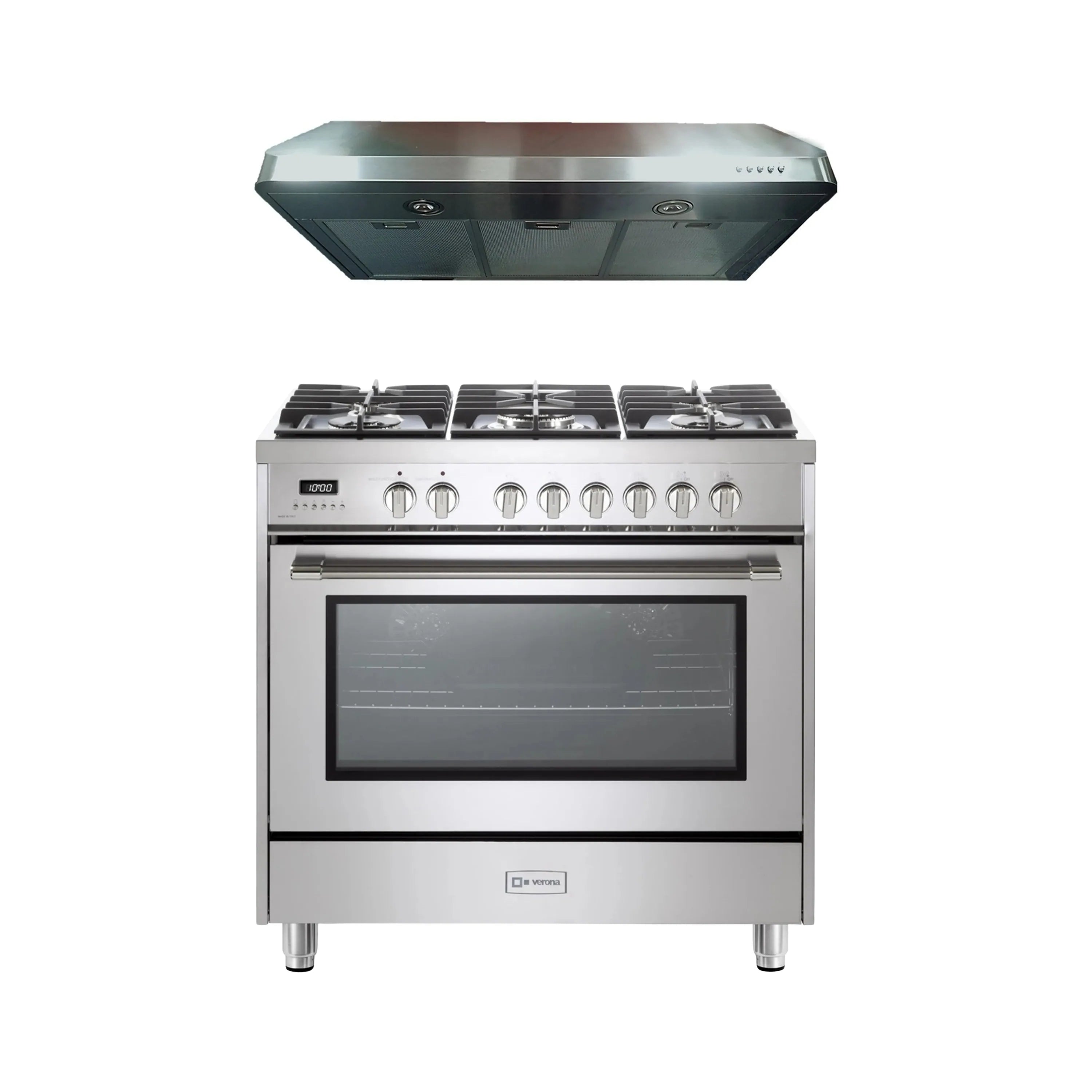 Stainless steel 36-inch dual fuel range with five sealed burners and range hood