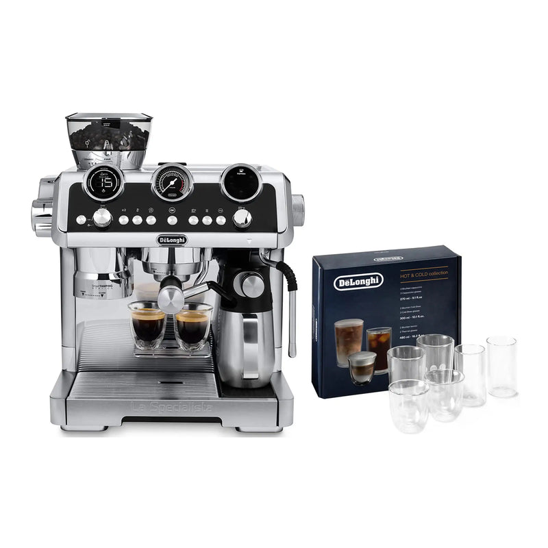 De'Longhi Package - La Specialista Maestro Sensor Grinding, Milk Frothing Espresso Machine with Hot & Cold Glass Set