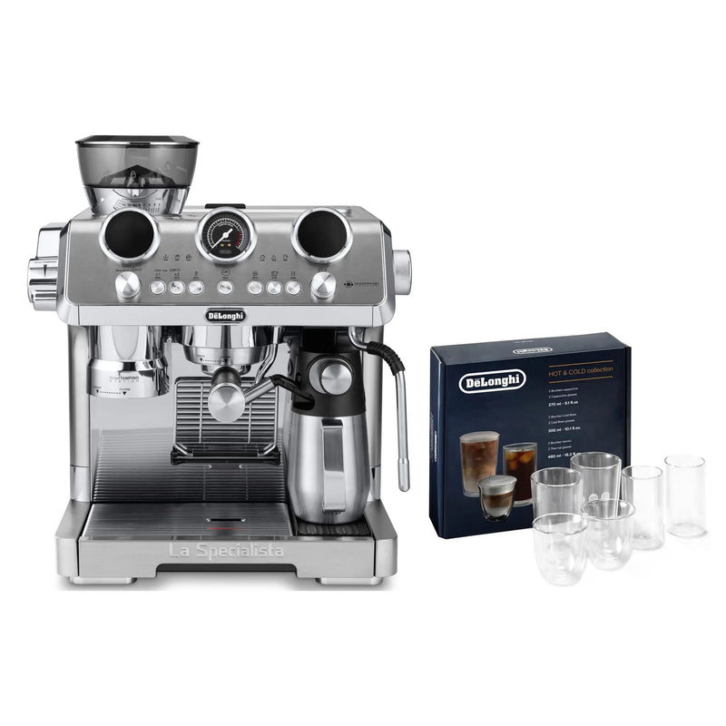 De'Longhi Package - La Specialista Maestro Sensor Grinding, Milk Frothing Espresso Machine with Hot & Cold Glass Set