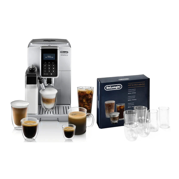 De'Longhi Package - Dinamica with LatteCrema Super Automatic Espresso Machine with Hot & Cold Glass Set