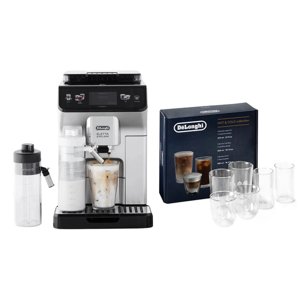 De'Longhi Package - Eletta Explore Fully Automatic Espresso Machine with Hot & Cold Glass Set