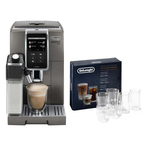 De'Longhi Package - Dinamica Plus, Smart Coffee and Espresso Super Automatic Machine with Hot & Cold Glass Set