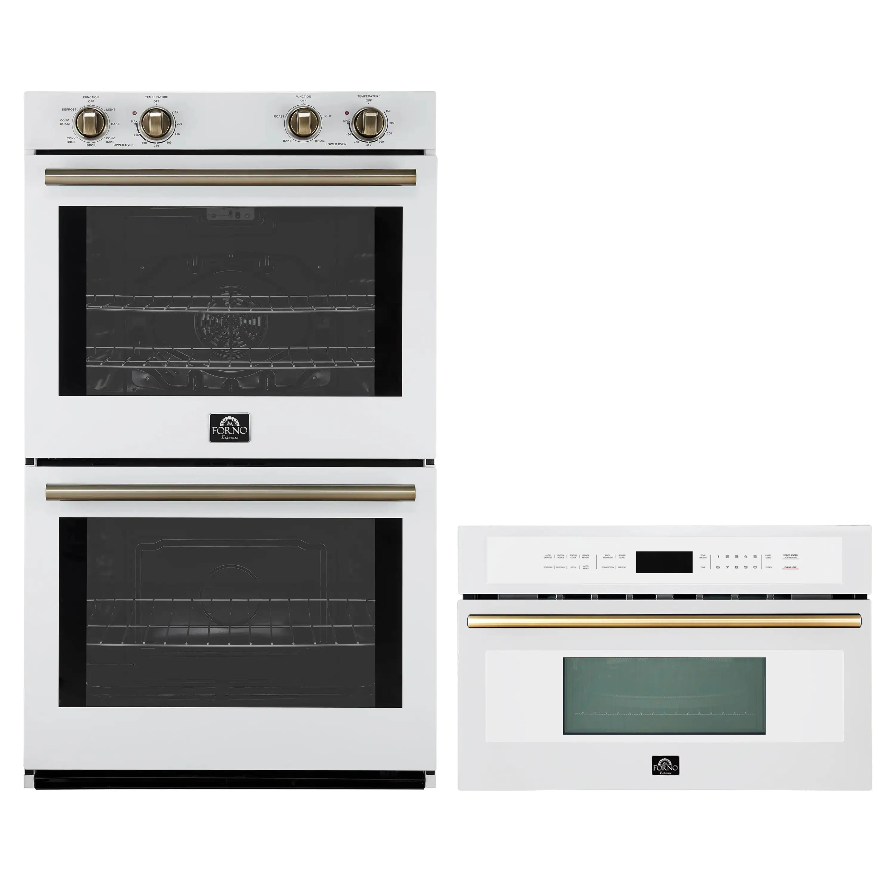 White double wall oven and microwave set with gold handles and dark glass doors