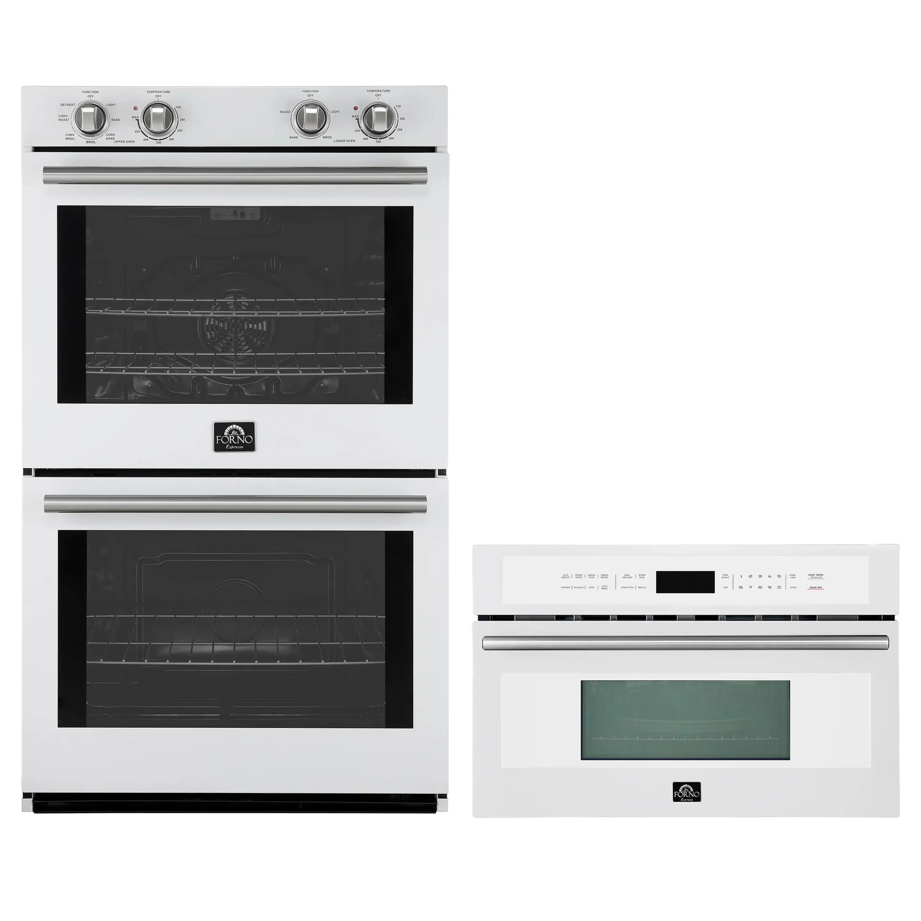White double wall oven and microwave set with stainless handles and built-in displays