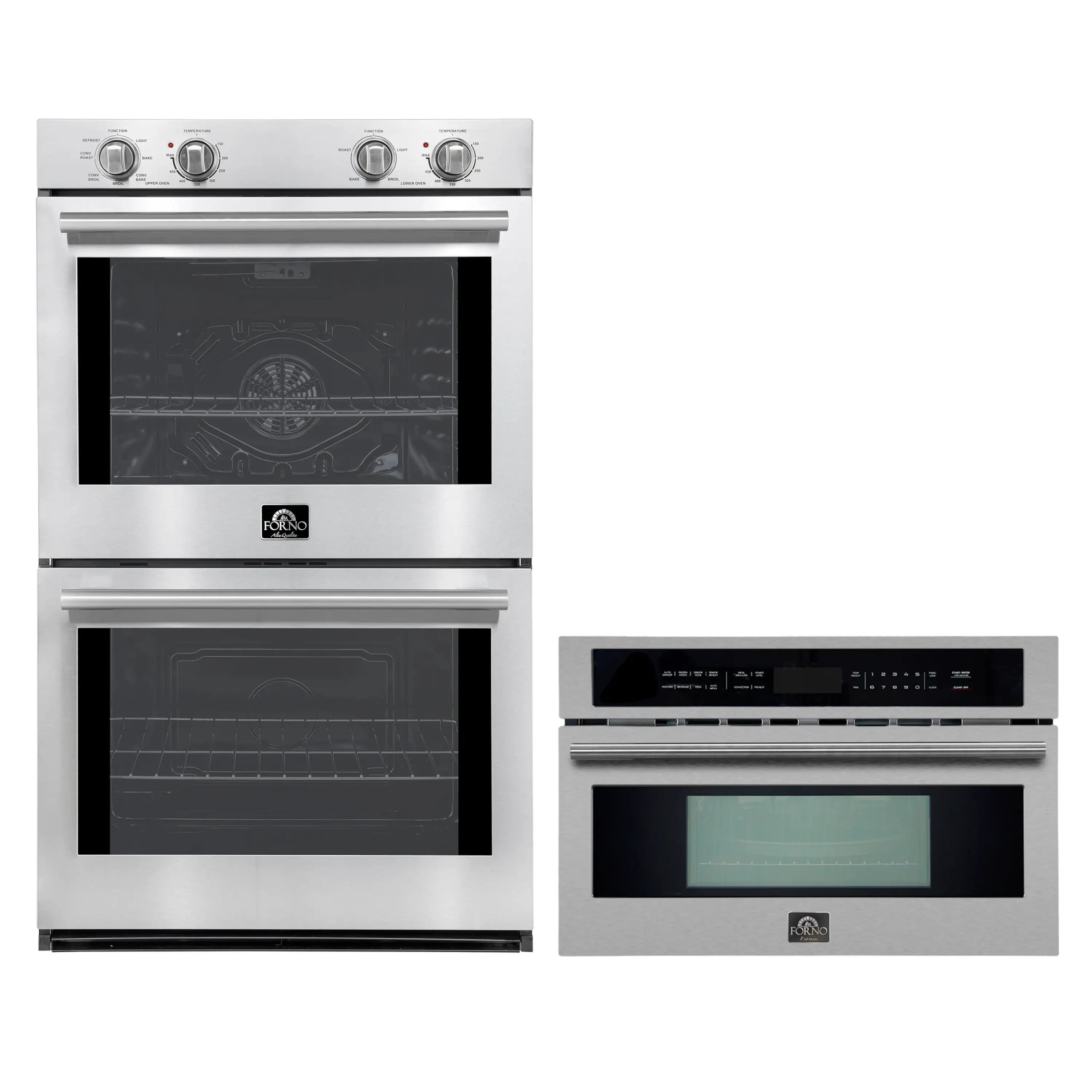 Stainless double wall oven and microwave set with black glass doors and displays