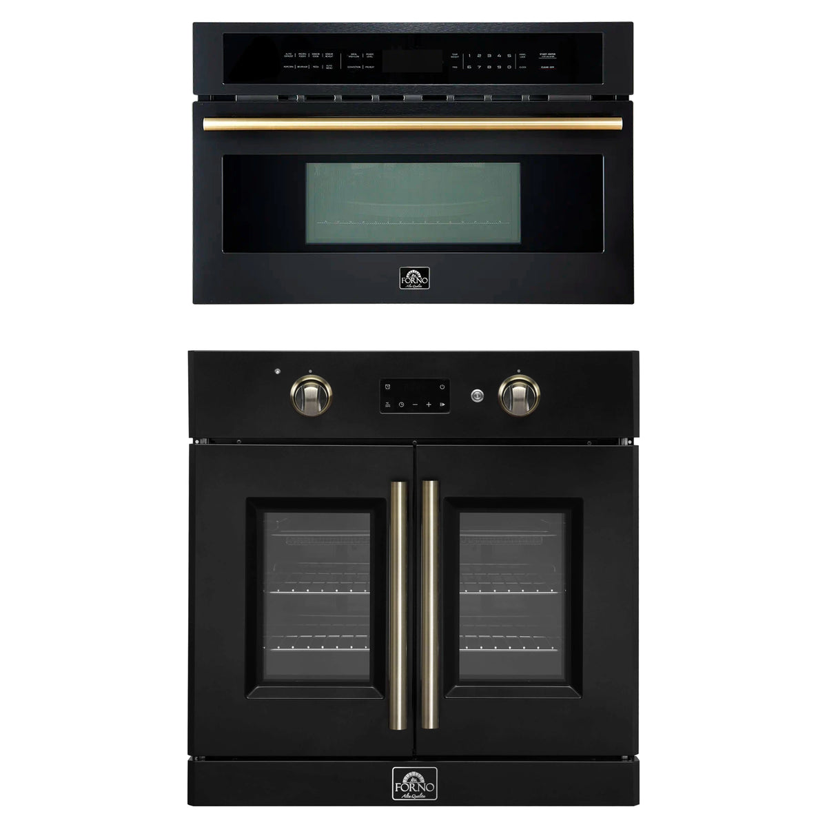 Forno 2-Piece Appliance Package - 30-Inch Asti French Door Electric Wall Oven & 30-Inch Microwave Oven in Black with Antique Brass Trim