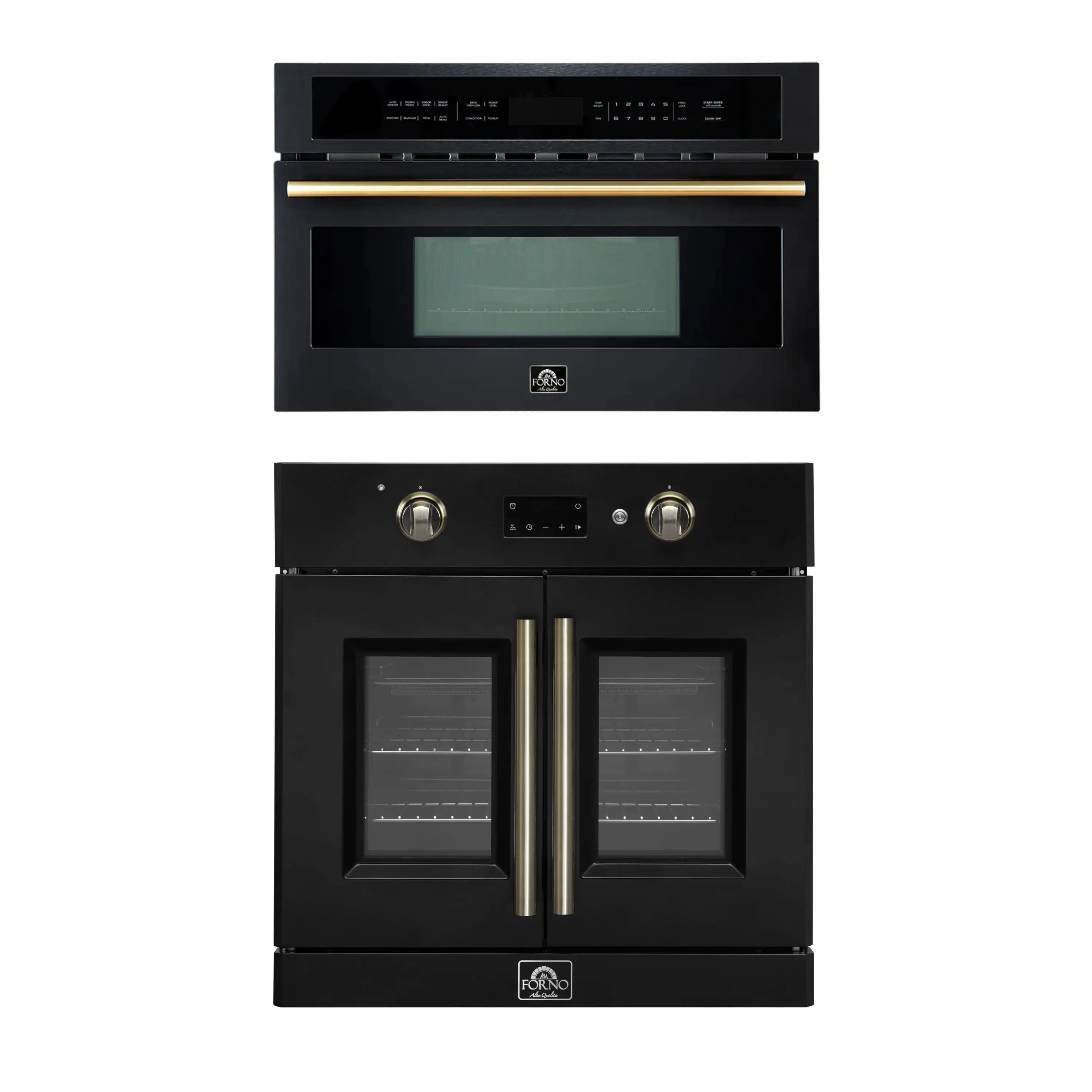 Stacked black wall ovens set with French doors and brass trim handles