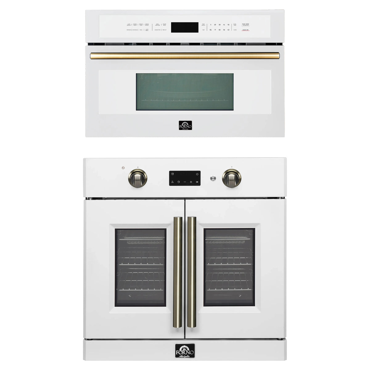 Forno 2-Piece Appliance Package - 30-Inch Asti French Door Electric Wall Oven & 30-Inch Microwave Oven in White with Antique Brass Trim