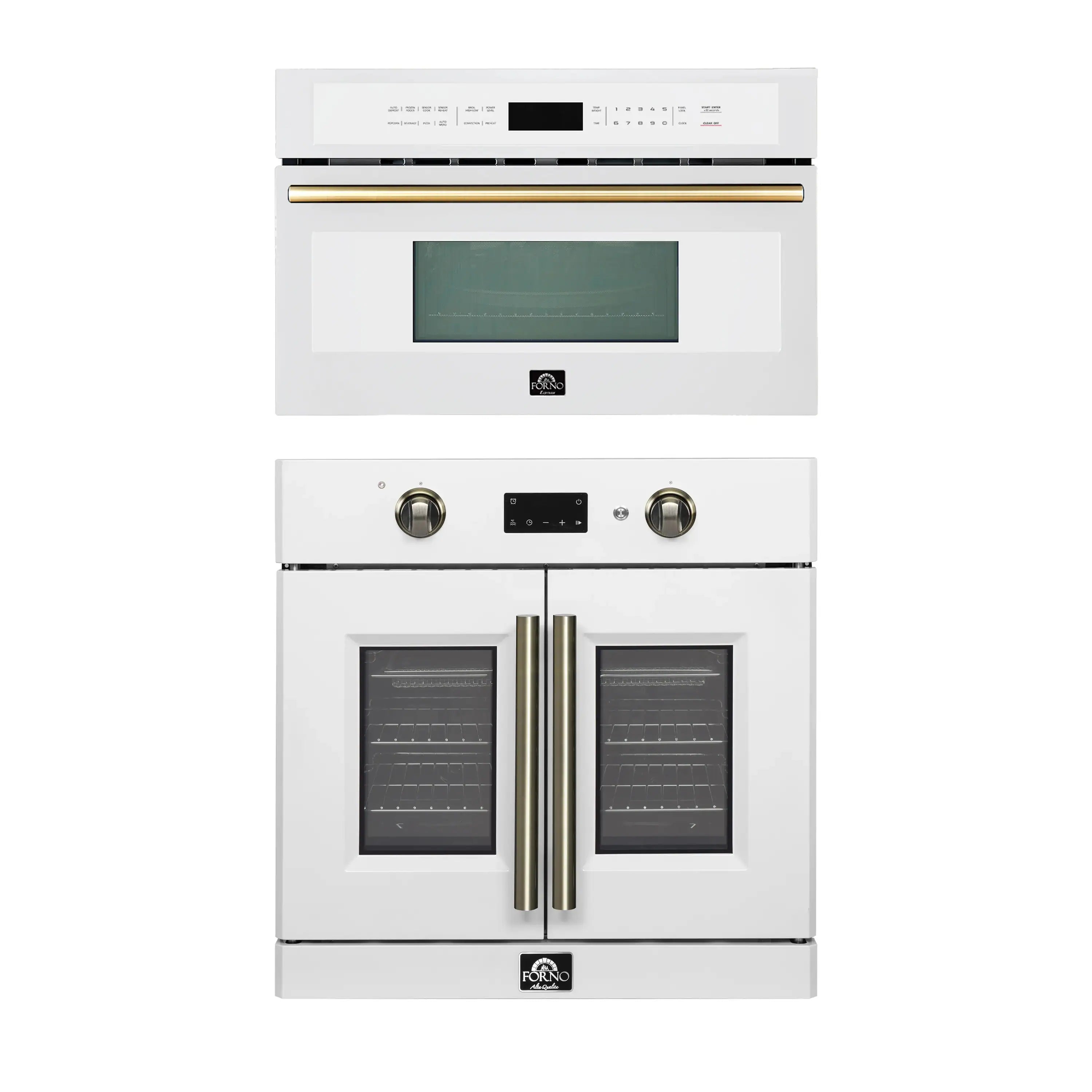 White 2-piece appliance package with microwave above and French door wall oven below