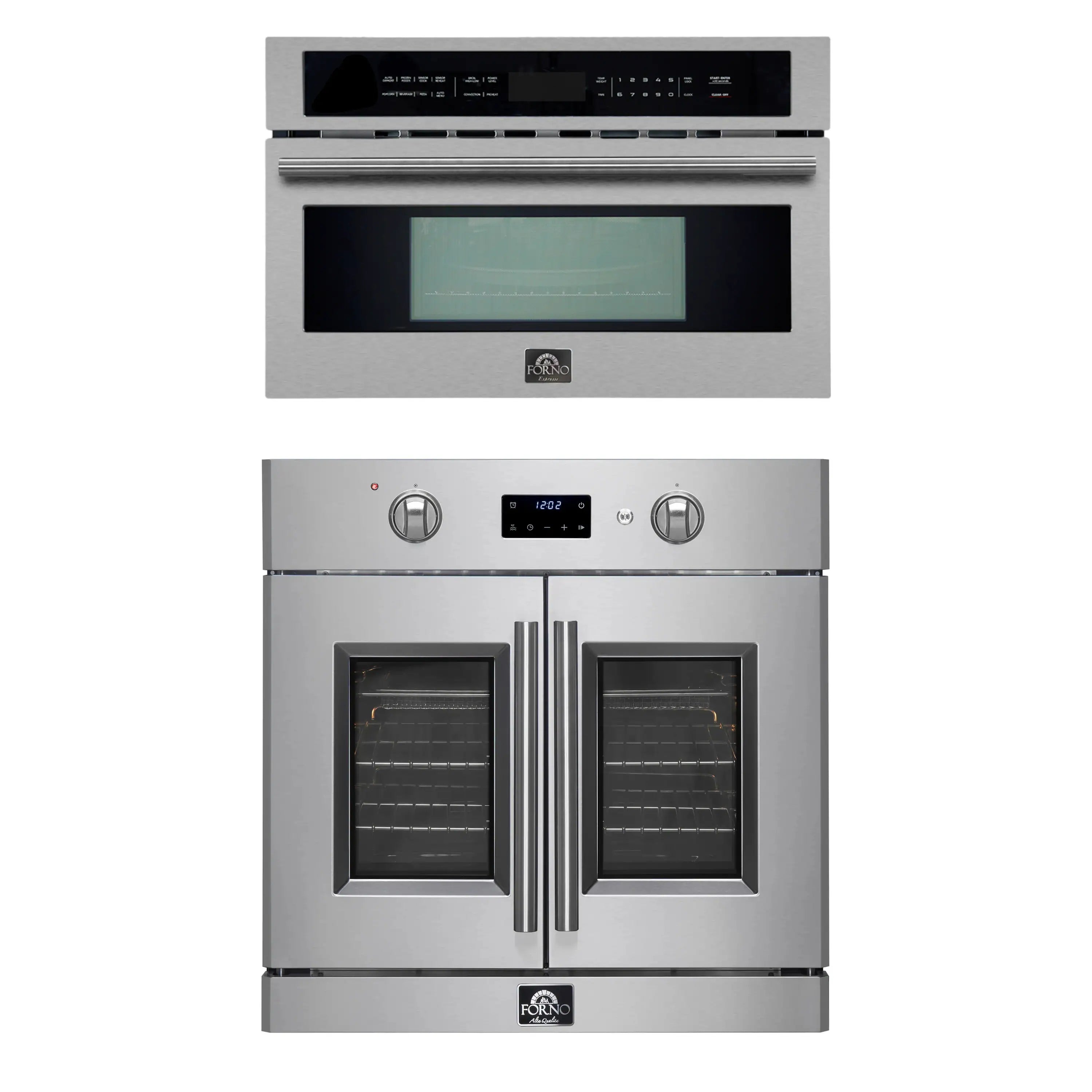 Stainless steel wall oven unit with two doors and top control panel