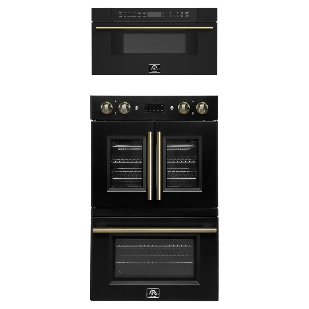 Forno 2-Piece Appliance Package - 30-Inch Asti French Door Double Electric Wall Oven & 30-Inch Microwave Drawer in Black with Antique Brass Trim