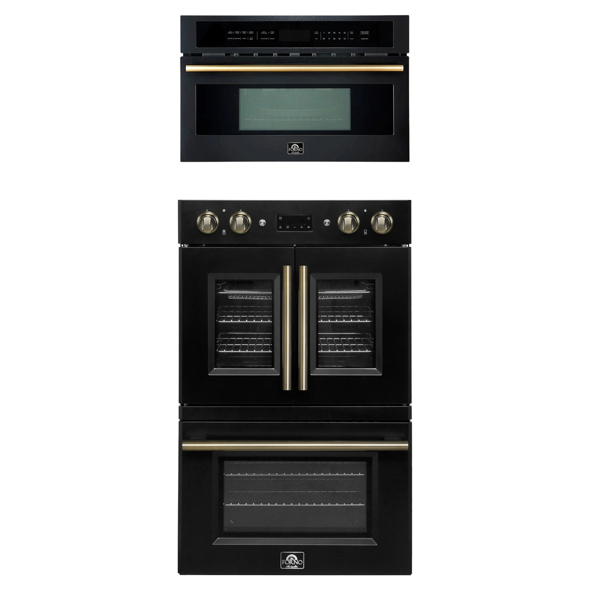 Forno 2-Piece Appliance Package - 30-Inch Asti French Door Double Electric Wall Oven & 30-Inch Microwave Oven in Black with Antique Brass Trim