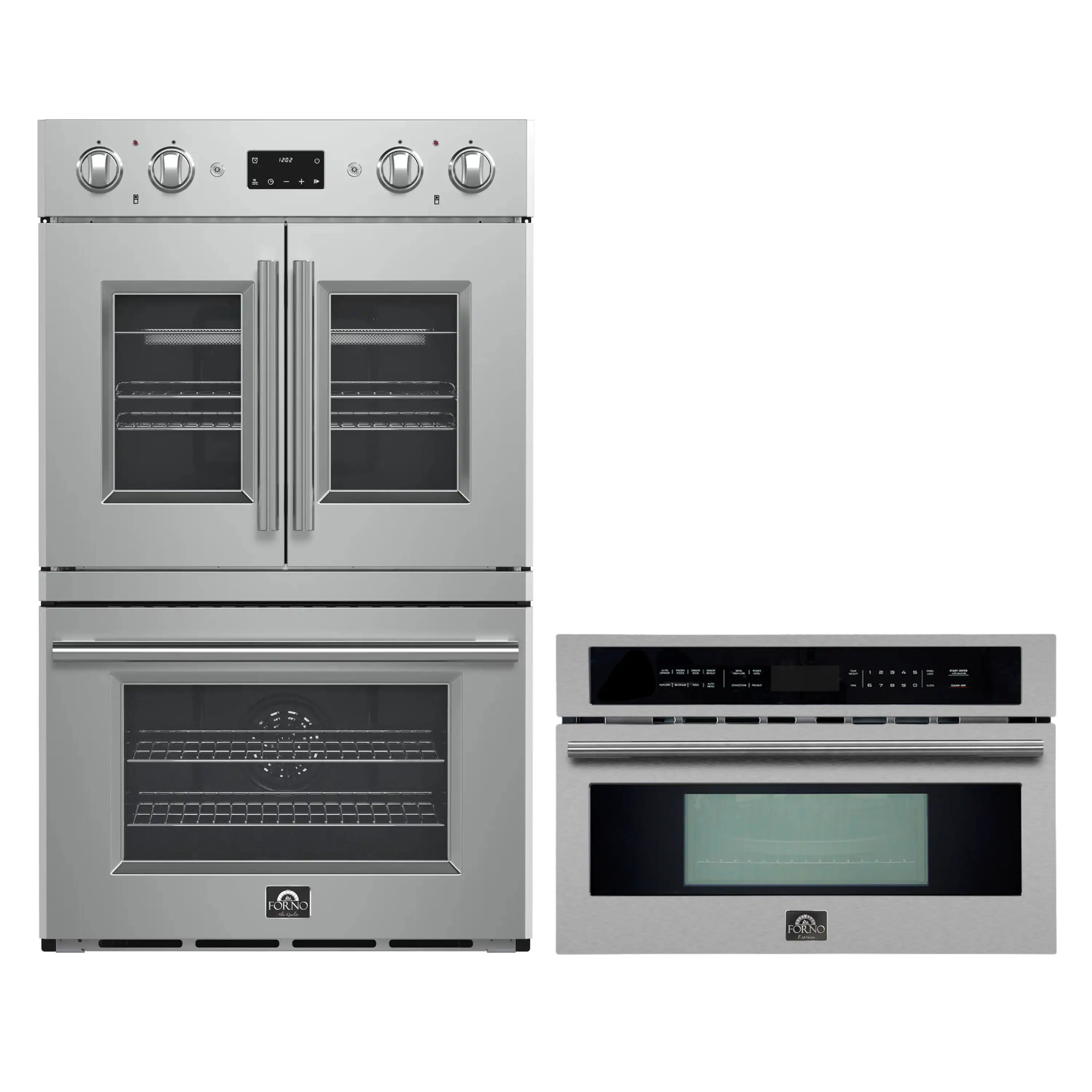Stainless steel double wall oven and microwave bundle side-by-side