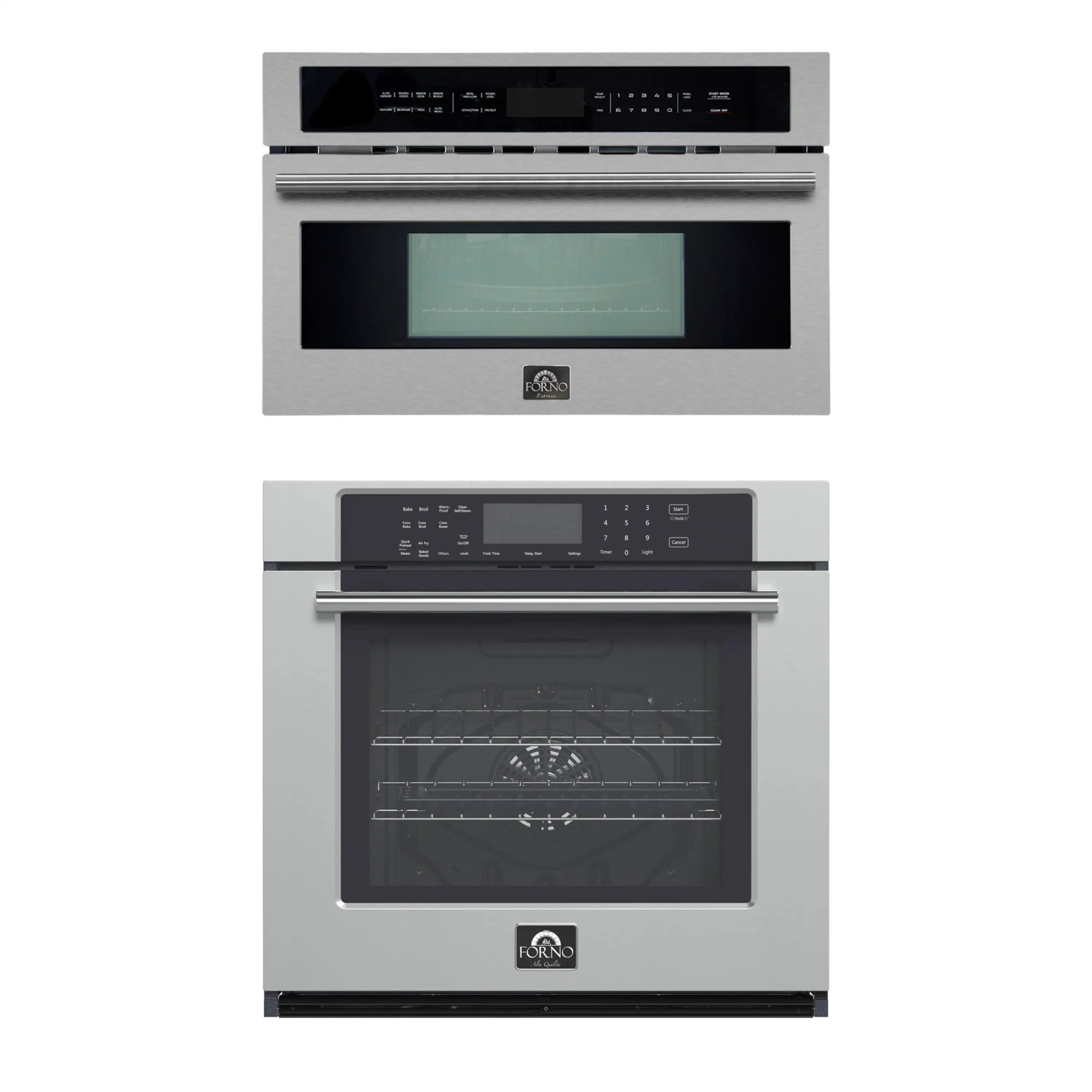 Stainless steel electric wall oven front view and control panel with display